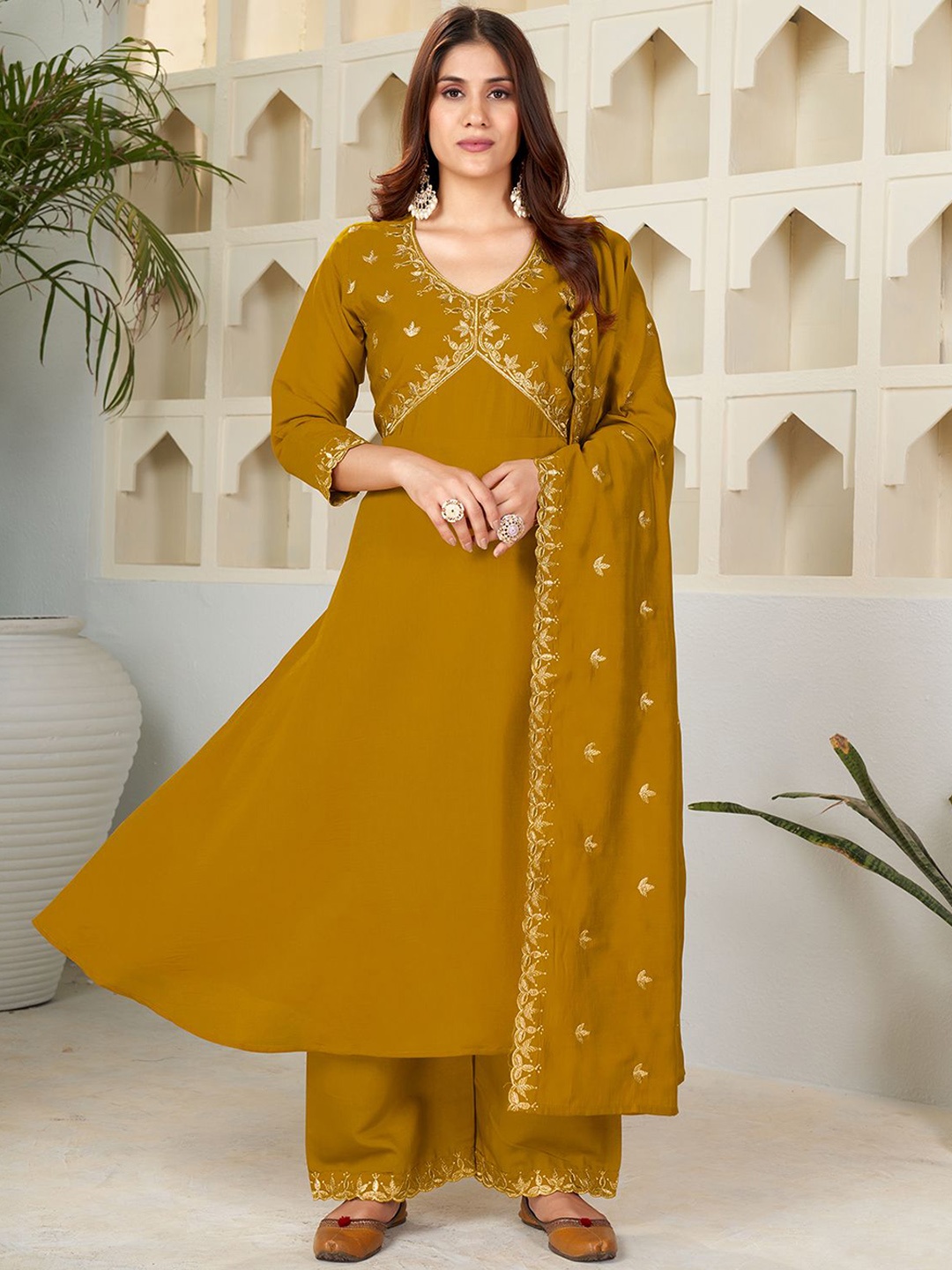 

KALINI Floral Yoke Design V-Neck Thread Work Anarkali Kurta with Palazzo & Dupatta, Yellow