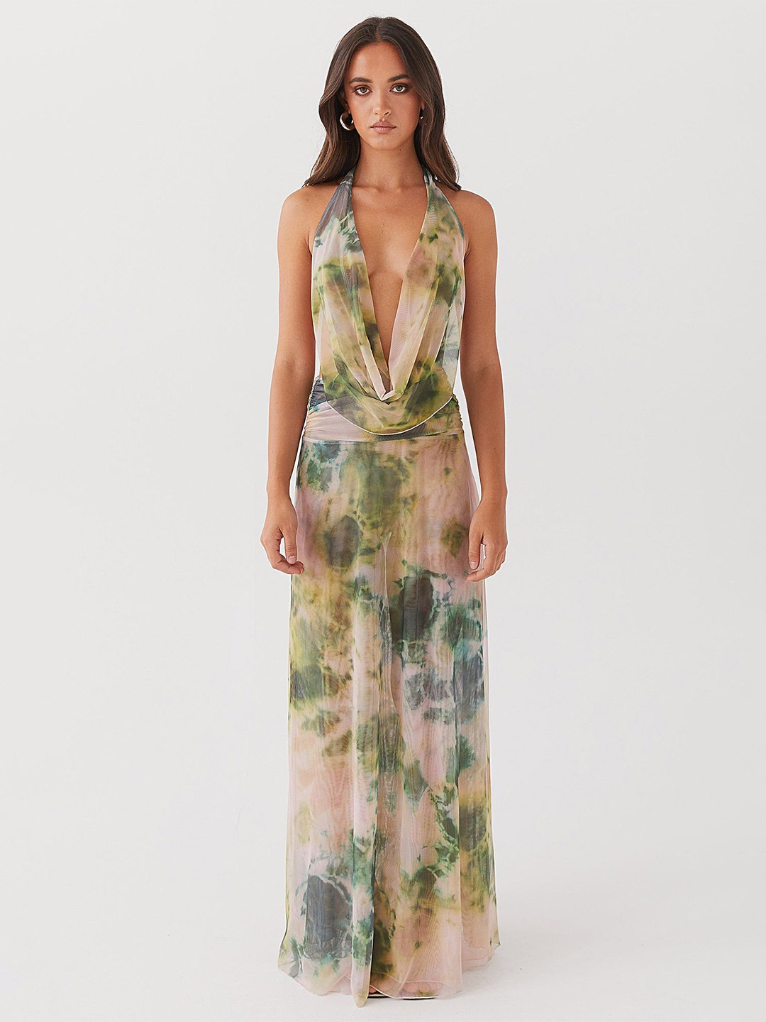 

LULU & SKY Abstract Printed Cowl Neck Maxi Dress, Green