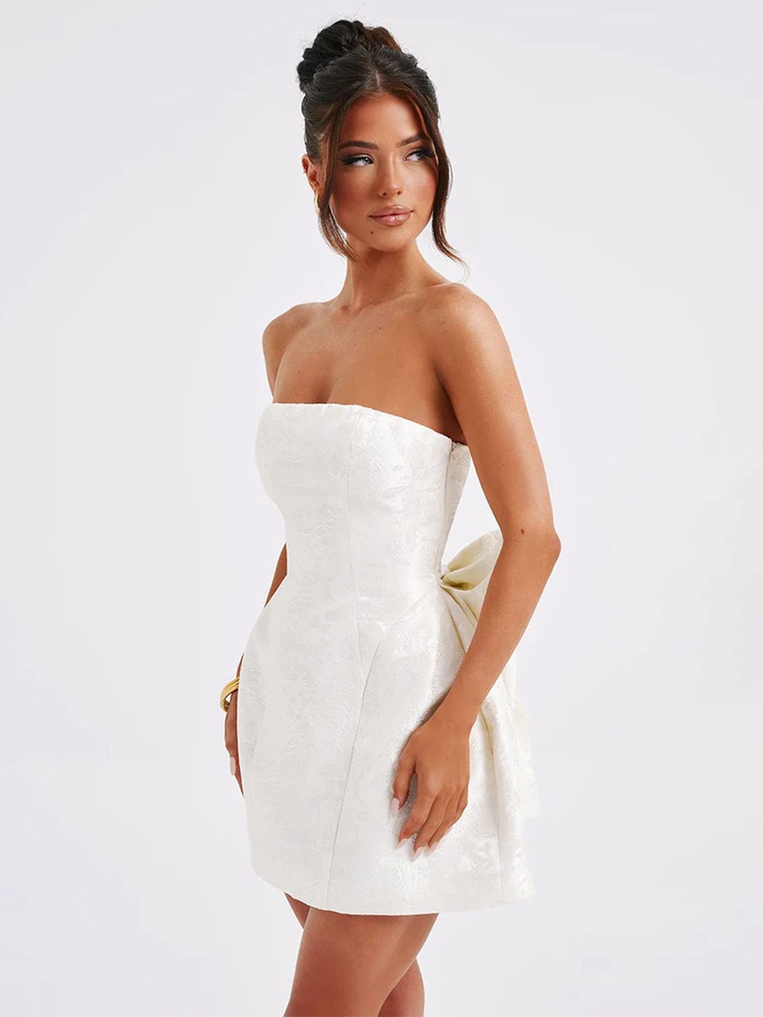 

LULU & SKY White Self Design Strapless Fit & Flare Mini Dress