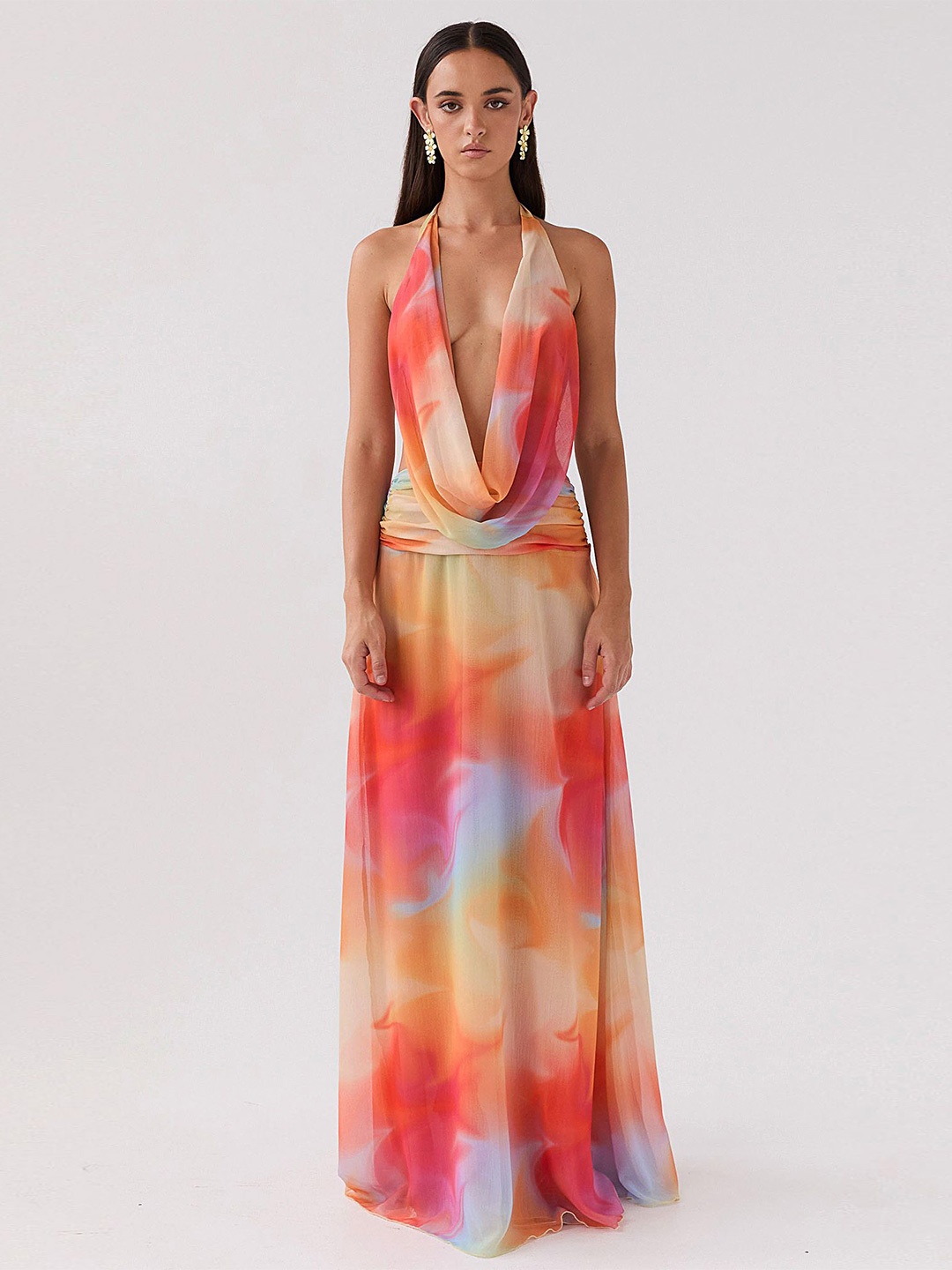 

LULU & SKY Abstract Printed Cowl Neck Maxi Dress, Blue