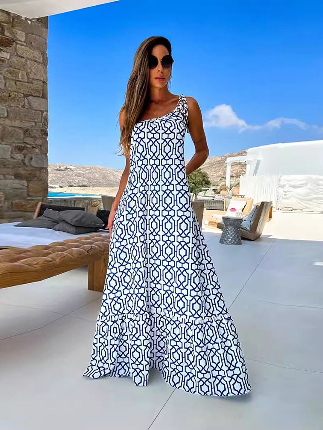 

LULU & SKY Blue Geometric Printed One Shoulder Maxi Dress