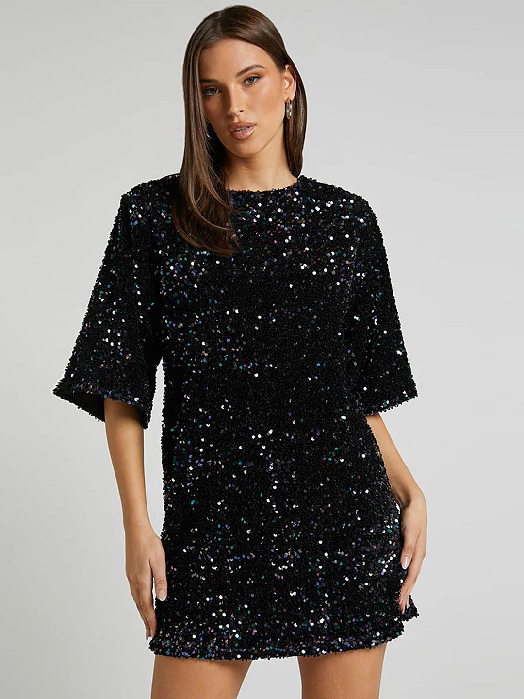 

LULU & SKY Self Design Sequined Flared Sleeve A-Line Mini Dress, Black
