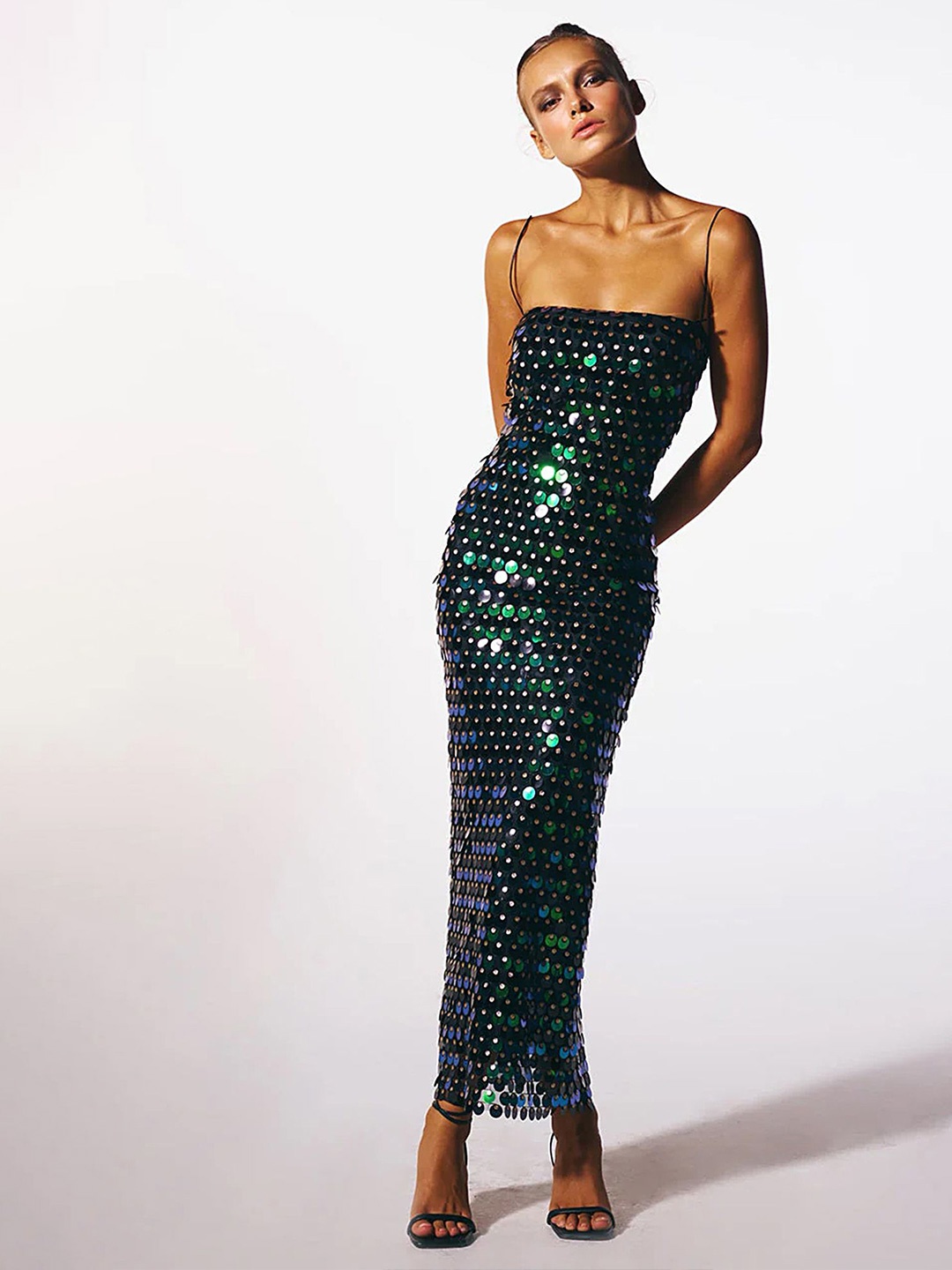 

LULU & SKY Sequin Embellished Shoulder Straps Maxi Dress, Green