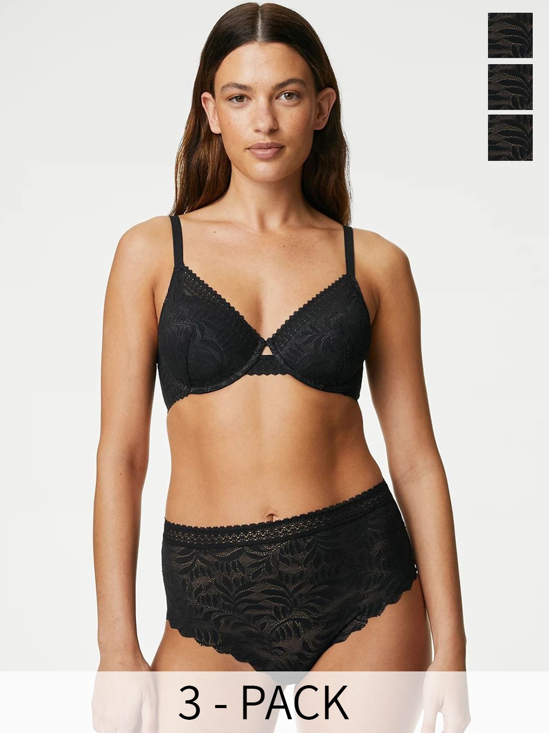 

Marks & Spencer Pack of 3 Laced High Waisted Basic Briefs T614902DBLACK, Black