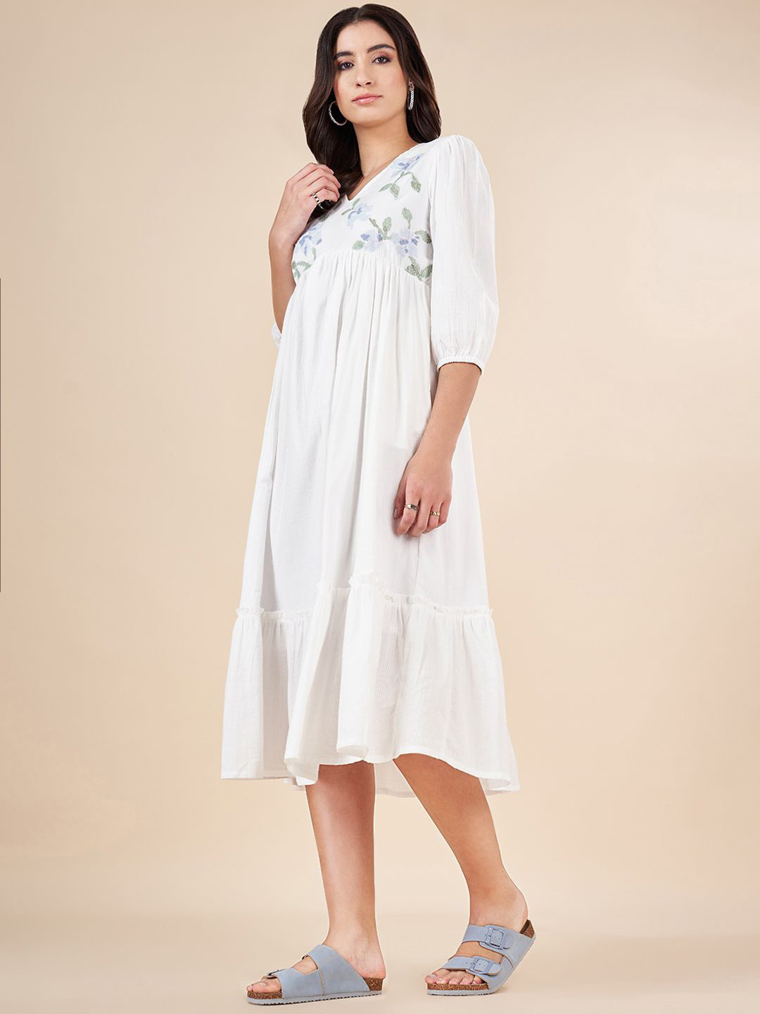 

AKKRITI BY PANTALOONS Floral Embroidered A-Line Midi Dress, Off white