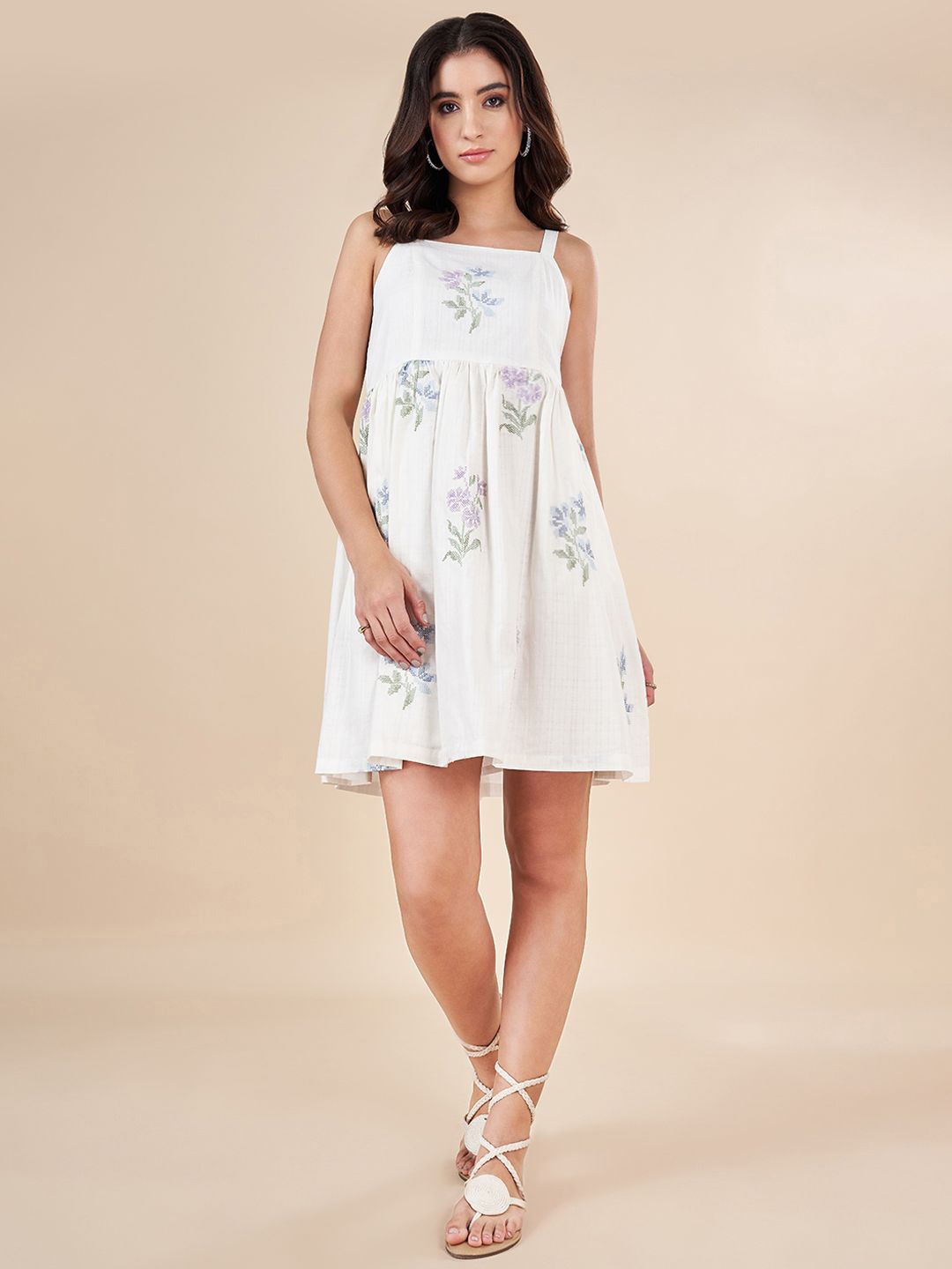 

AKKRITI BY PANTALOONS Floral Printed Shoulder Straps Empire Dress, Off white