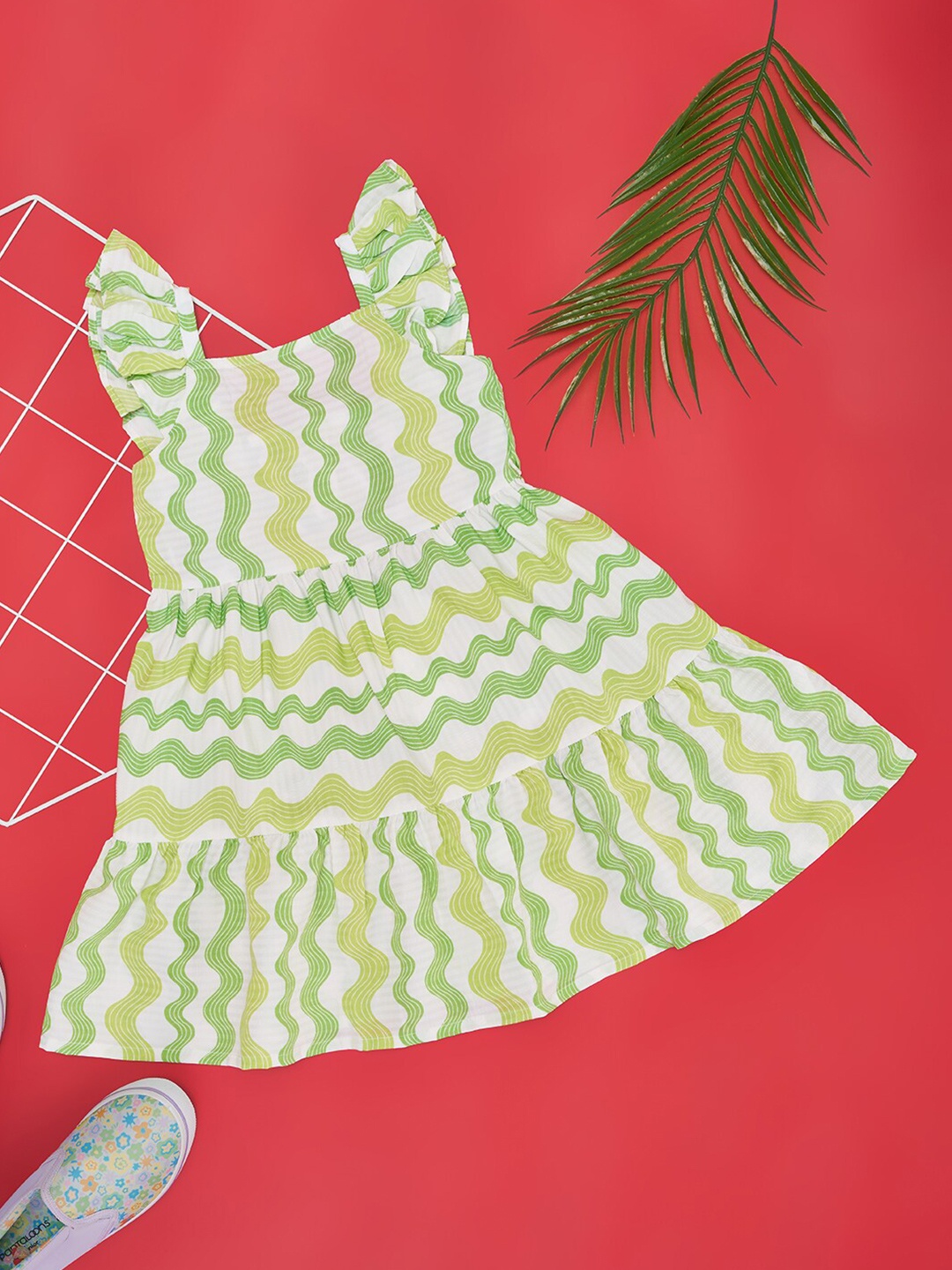 

Pantaloons Junior Square Neck Flutter Sleeves Chevron Print Fit & Flare Dress, Green