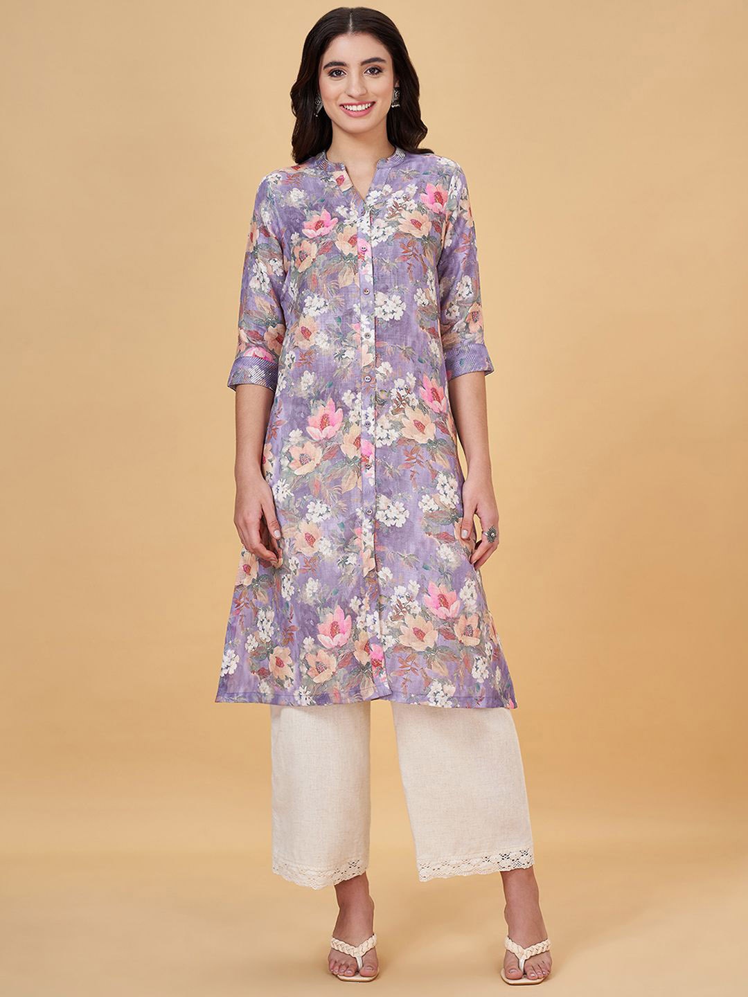 

RANGMANCH BY PANTALOONS Floral Printed Mandarin Collar A-Line Kurta, Lavender