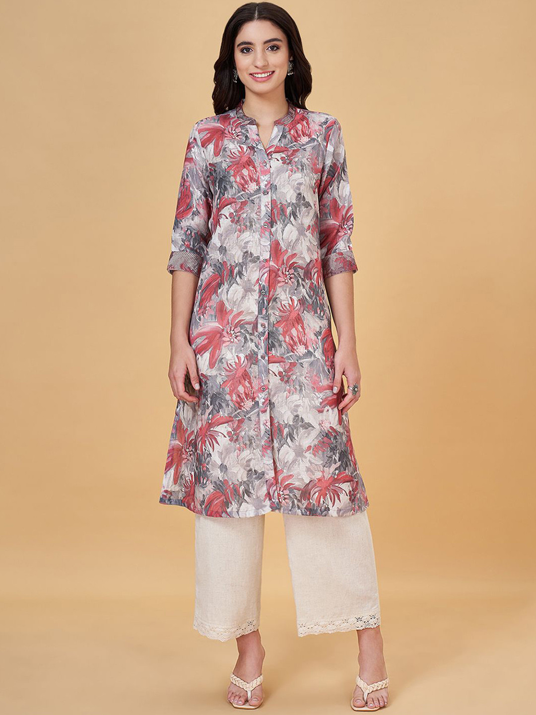 

RANGMANCH BY PANTALOONS Floral Printed Mandarin Collar A-Line Kurta, Grey