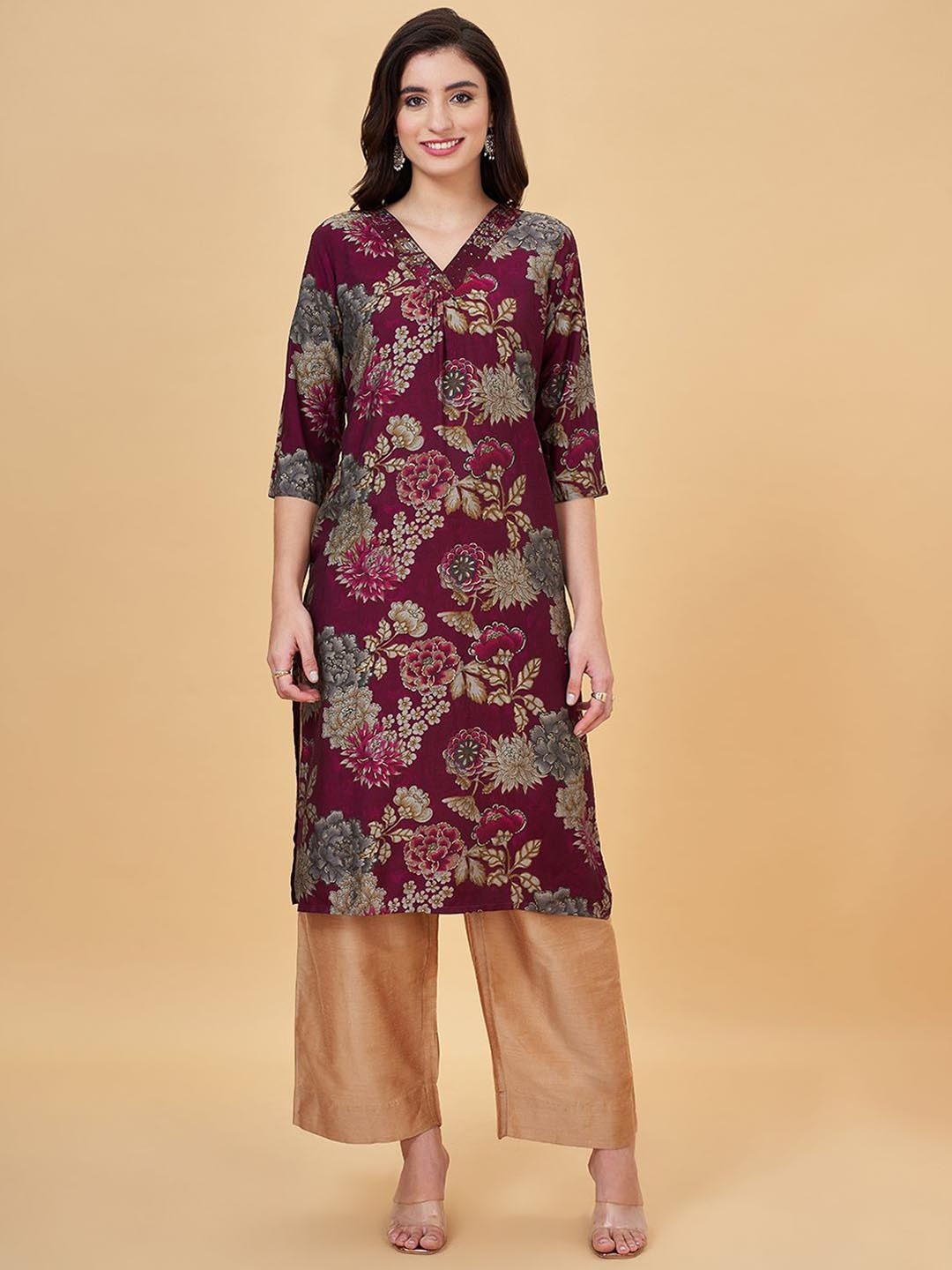 

RANGMANCH BY PANTALOONS Floral Printed Sequinned Straight Kurta, Purple