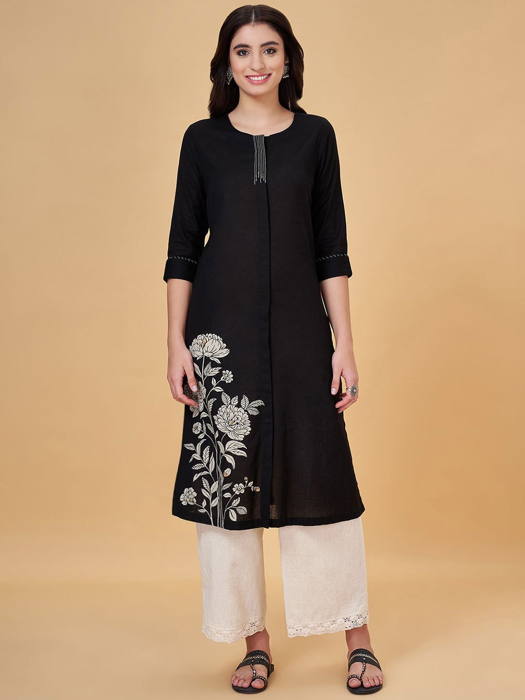 

RANGMANCH BY PANTALOONS Floral Printed Straight Kurta, Black