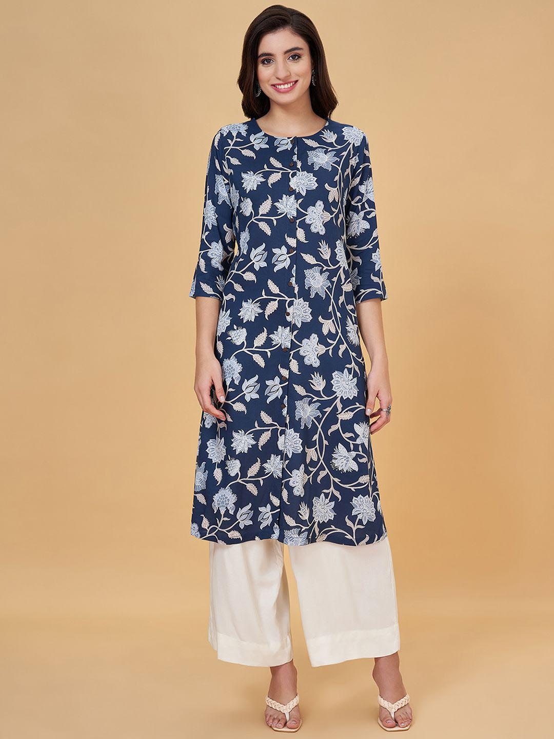 

RANGMANCH BY PANTALOONS Floral Printed Round Neck Three-Quarter Sleeves Kurta, Blue