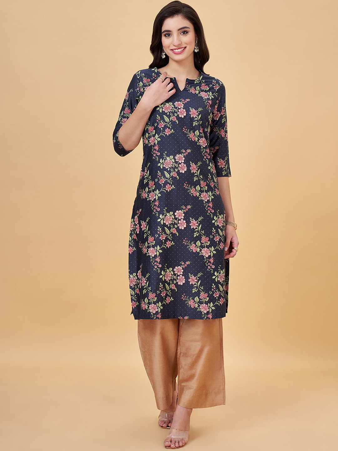 

RANGMANCH BY PANTALOONS Floral Printed Round Neck Straight Kurta, Navy blue