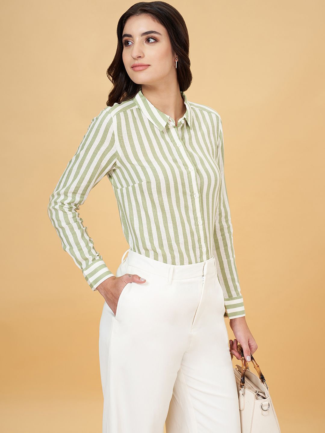 

Annabelle by Pantaloons Striped Spread Collar Regular Fit Formal Shirt, Green