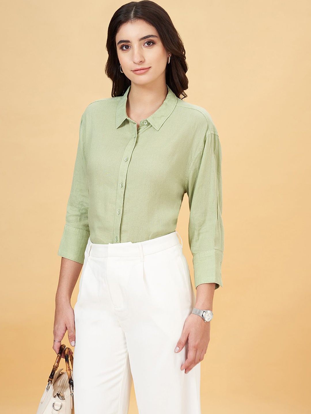 

Annabelle by Pantaloons Solid Spread Collar Shirt, Green