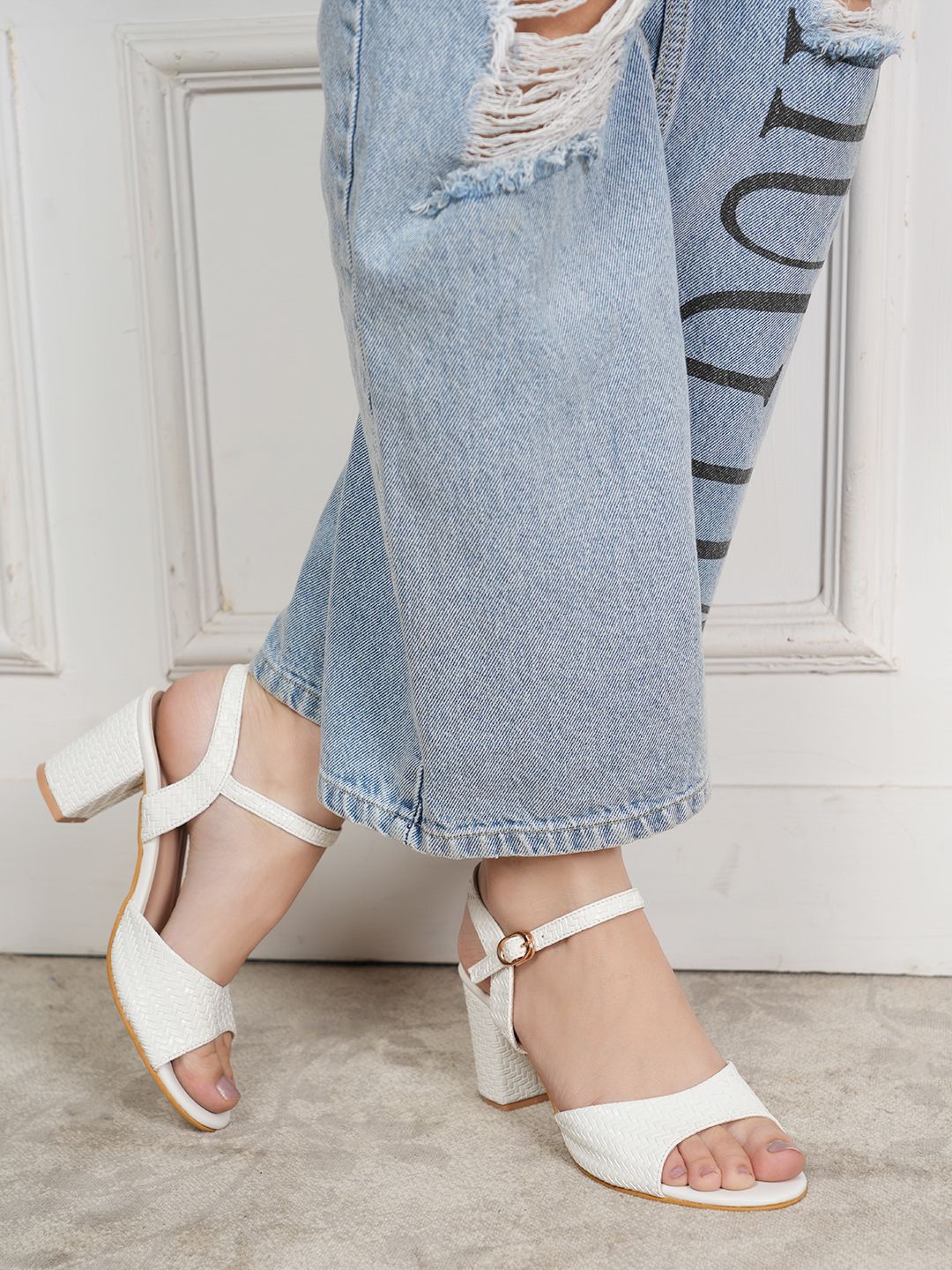 

Mast & Harbour Textured Open Toe Block Heels, White