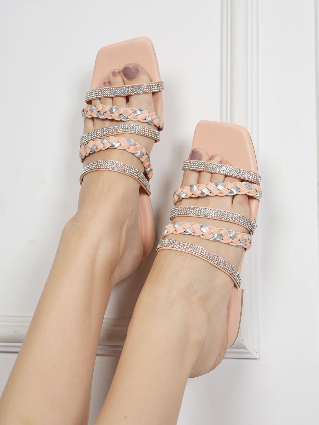 

Mast & Harbour Textured Embellished Open Toe Block Heels, Peach