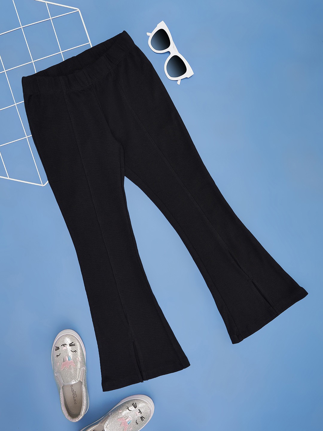 

Pantaloons Junior Girls Textured Self Design Mid-Rise Casual Trousers, Black