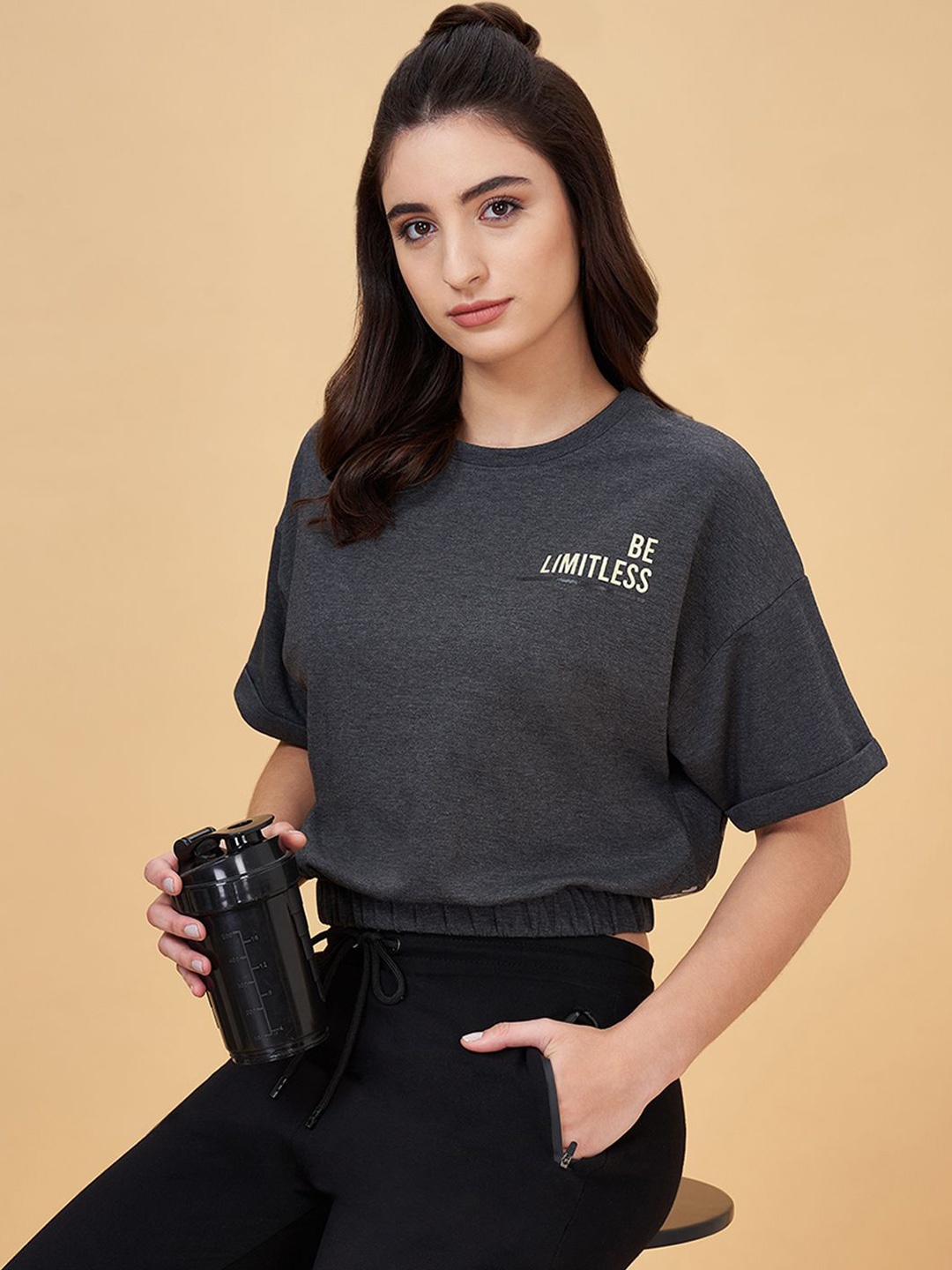 

Ajile by Pantaloons Women Typography Printed Round Neck T-shirt, Black