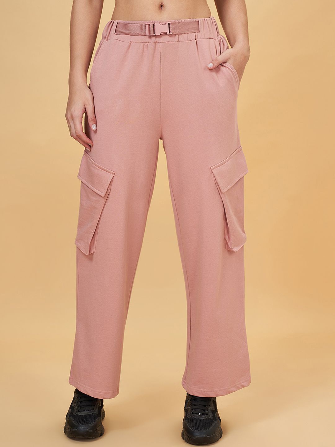 

Ajile by Pantaloons Women Straight-Fit Pure Cotton Cargo Track Pants, Pink