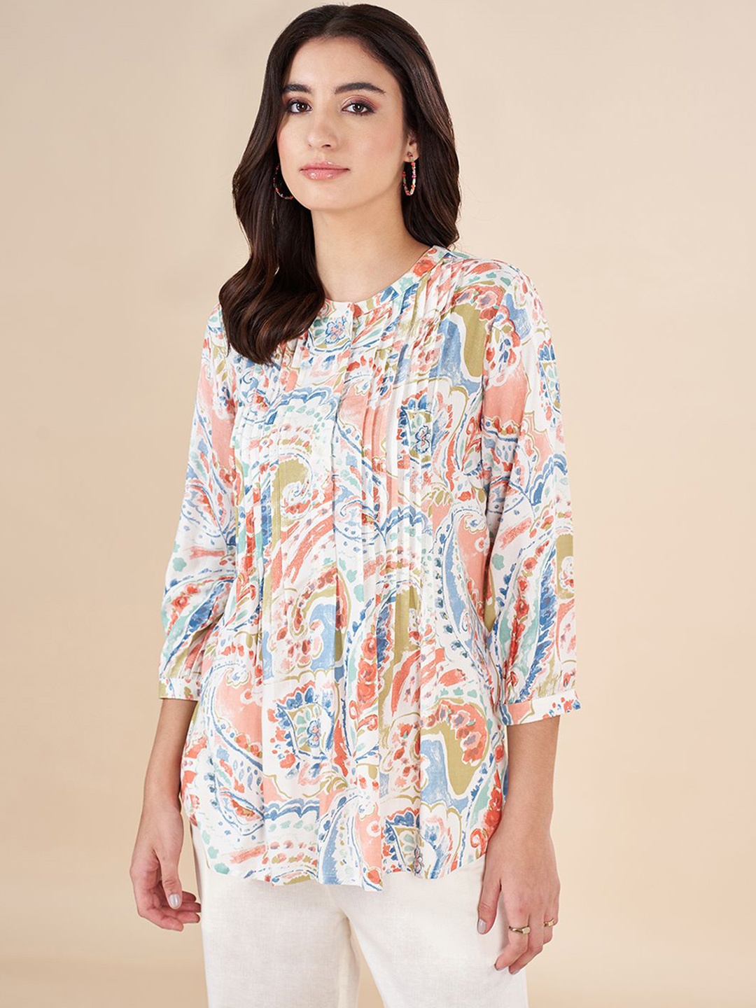 

AKKRITI BY PANTALOONS Ethnic Printed Mandarin Collar Gathered Tunic, White