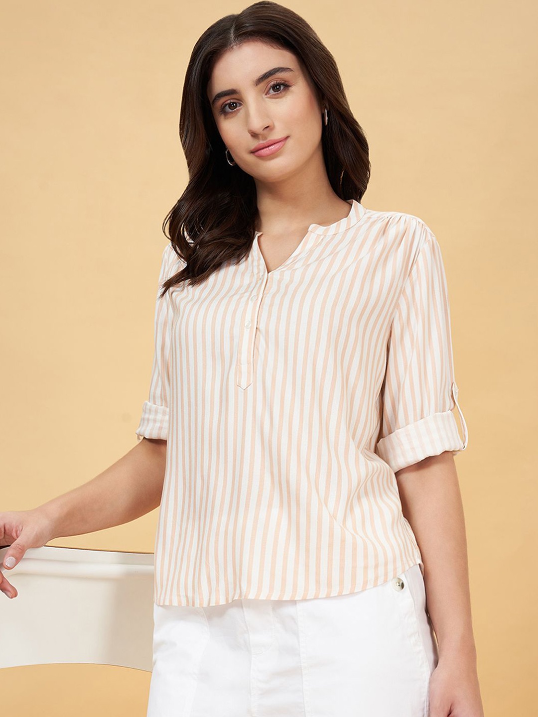 

Honey by Pantaloons Striped Mandarin Collar Tunic, White