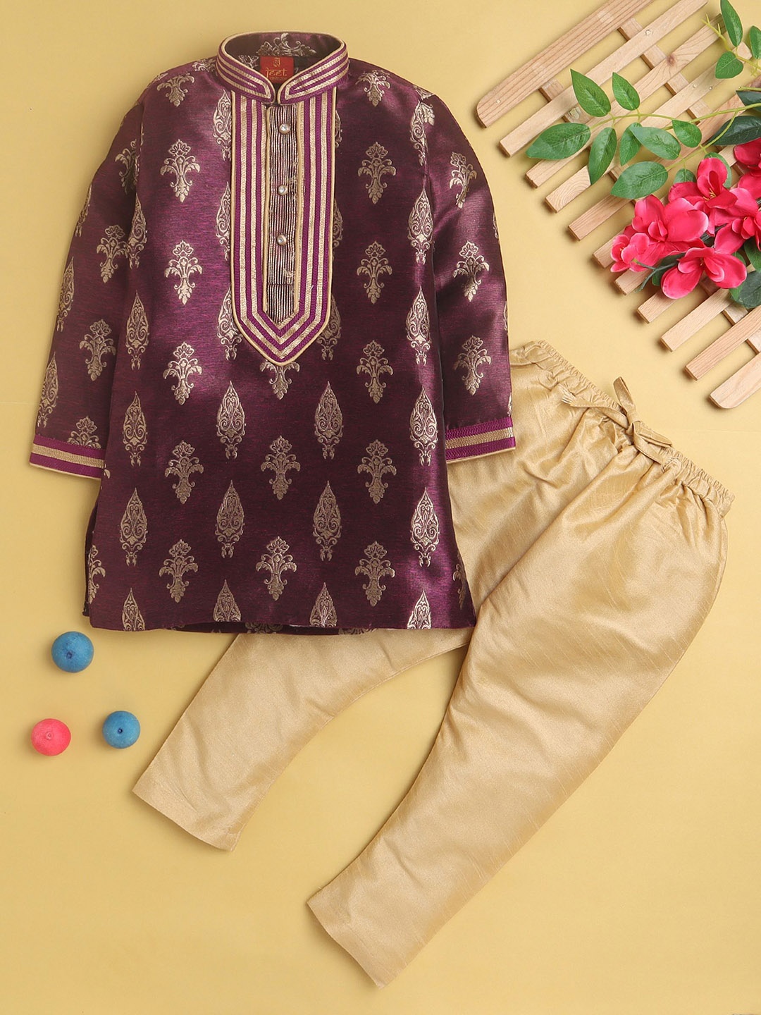 

BAESD Boys Ethnic Motifs Woven Design Mandarin Collar Zari Straight Kurta With Pyjamas, Purple