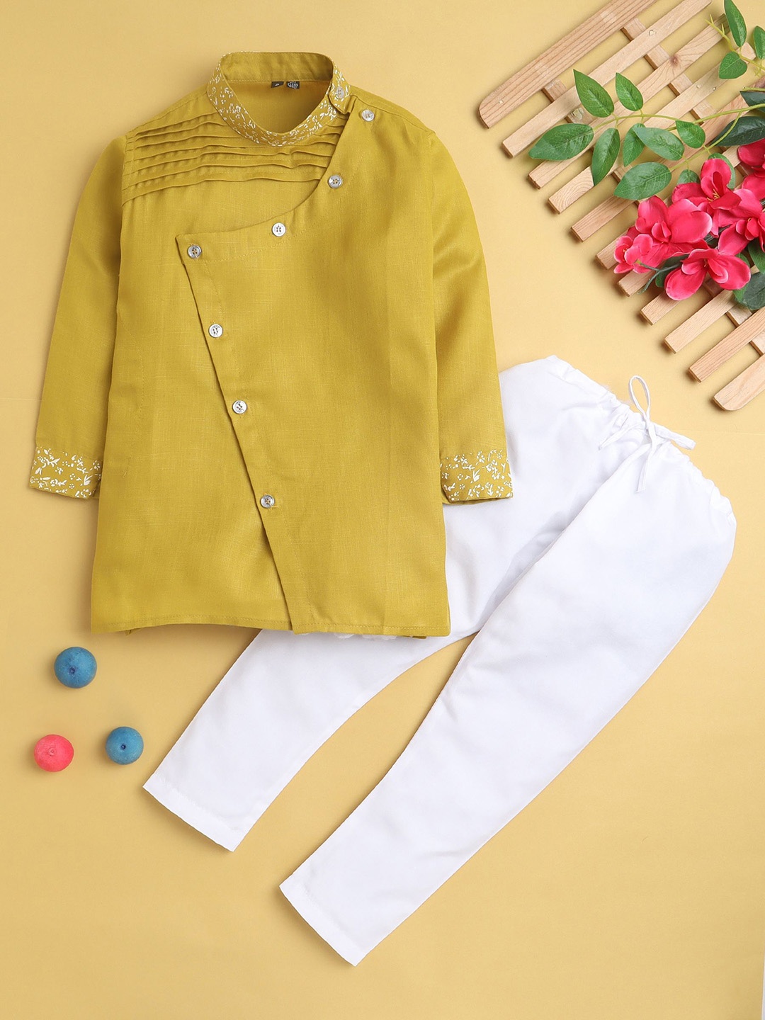 

BAESD Boys Mandarin Collar Angrakha Straight Kurta With Pyjamas, Yellow