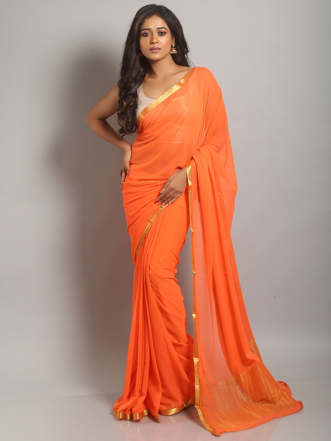 

Urbane Essence Zari Pure Chiffon Saree, Orange