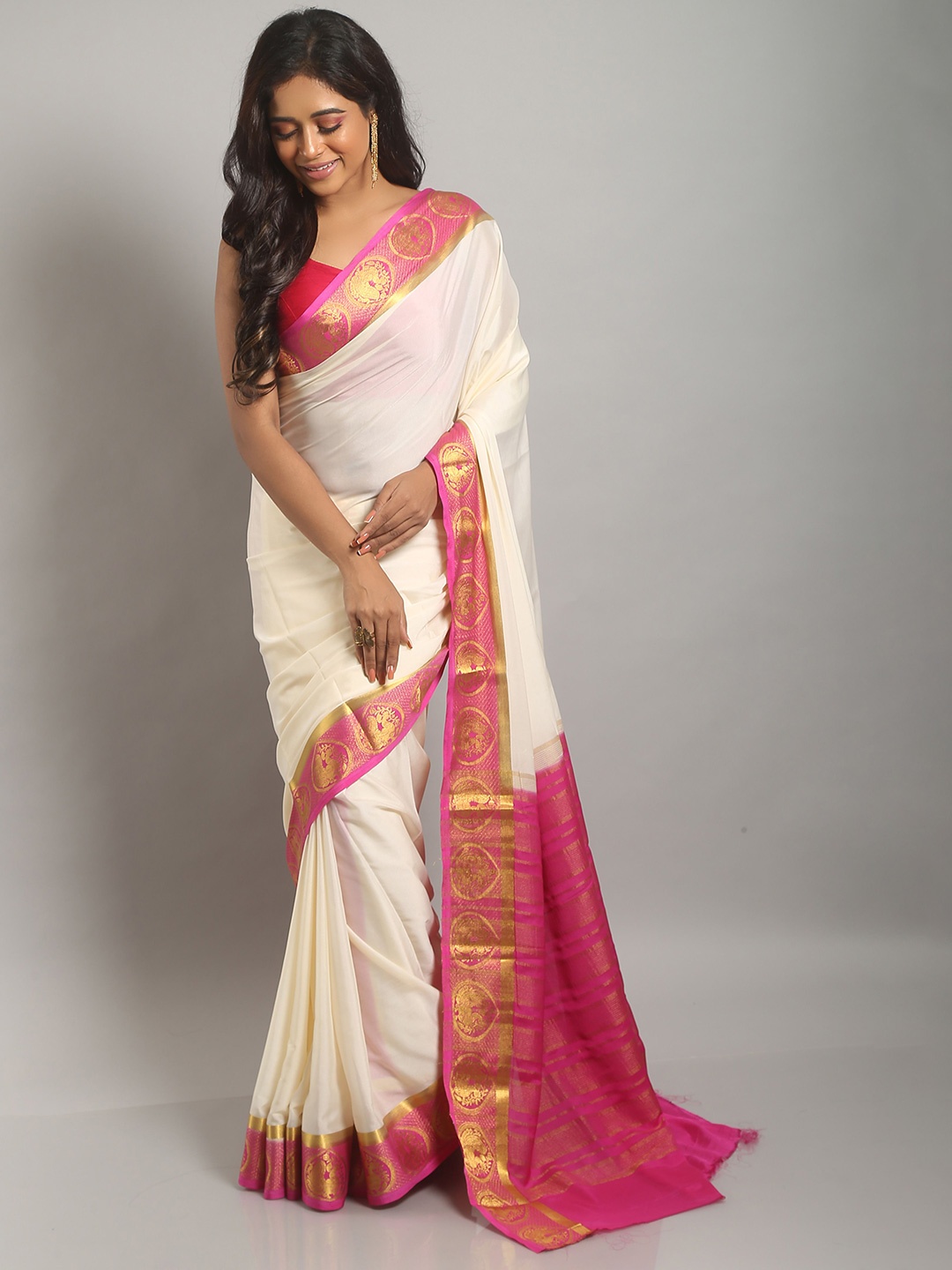 

Urbane Essence Zari Pure Chiffon Saree, White