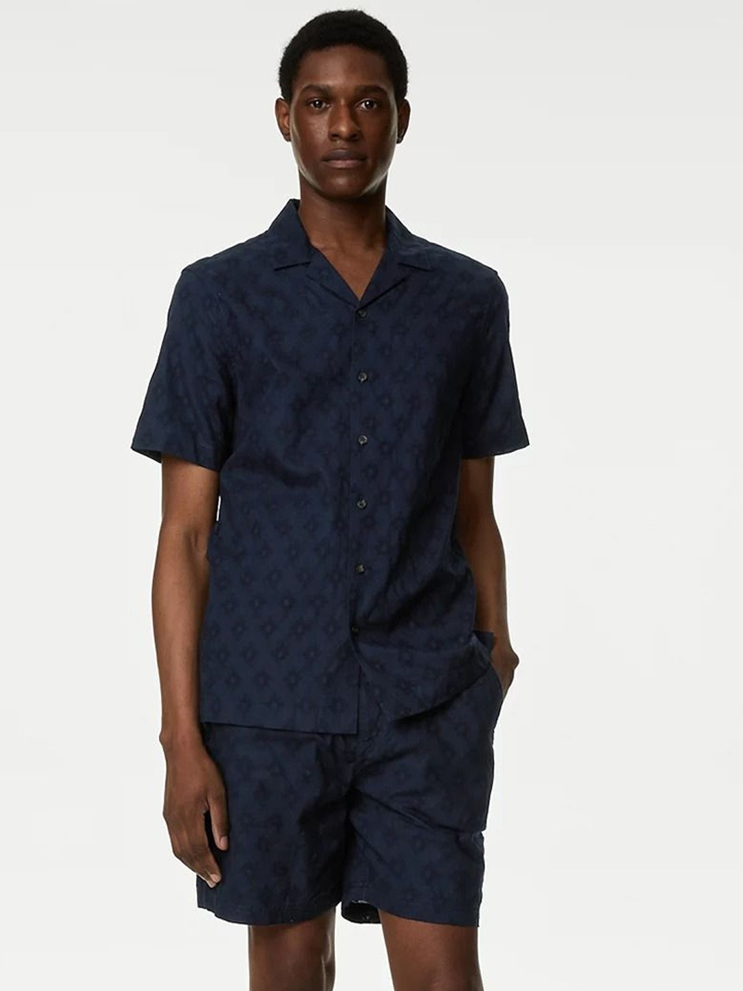 

Marks & Spencer Geometric Self Design Cuban Collar Pure Cotton Casual Shirt, Navy blue