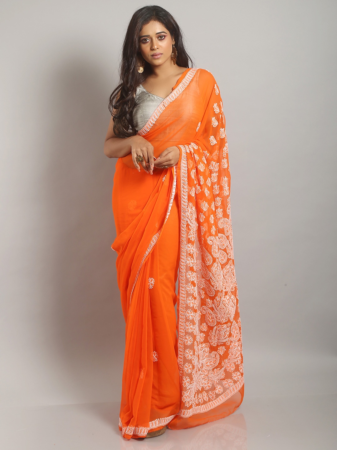 

Urbane Essence Paisley Embroidered Pure Cotton Saree, Orange