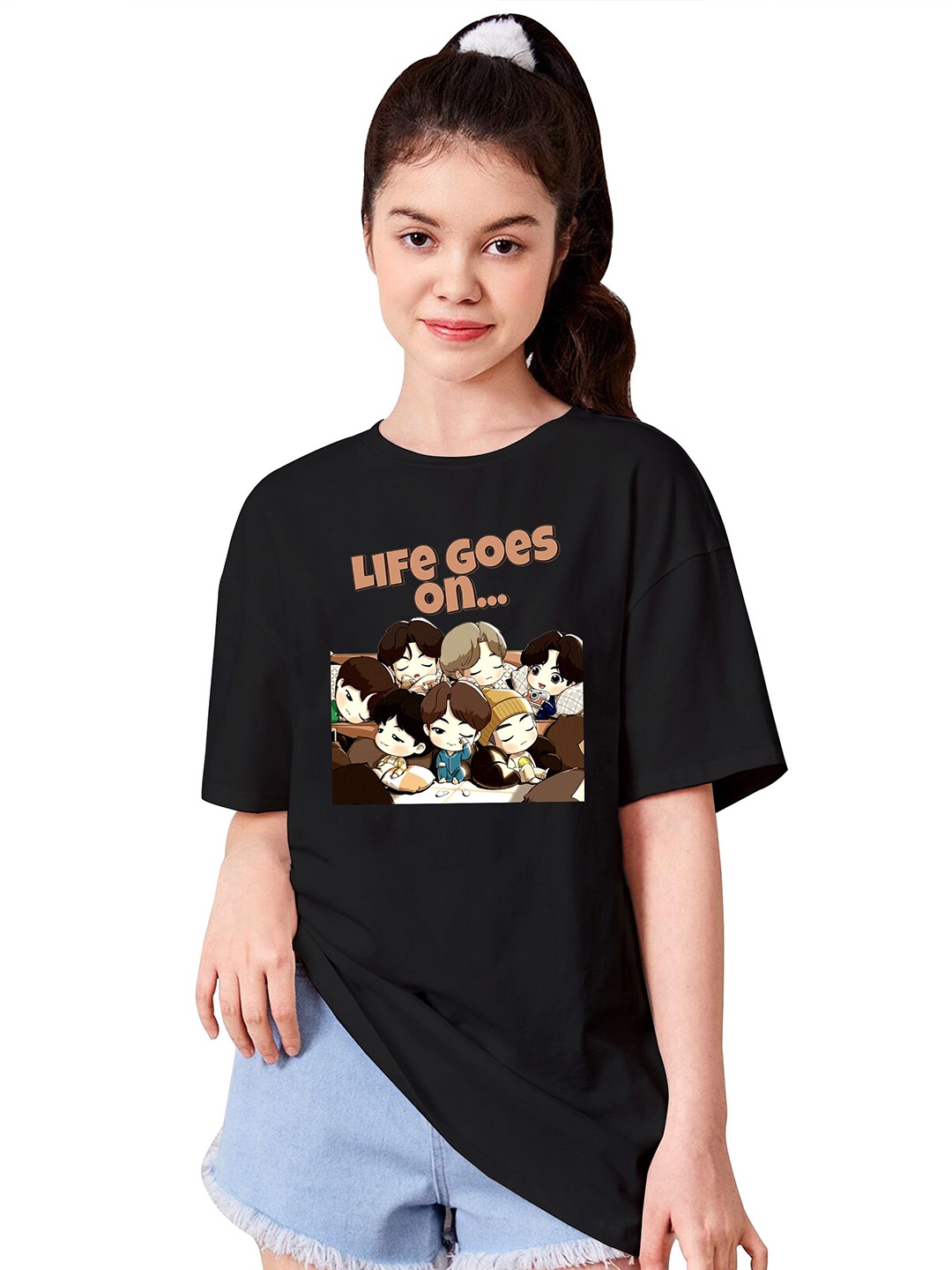 

BAESD Girls Graphic Printed Round Neck T-shirt, Black
