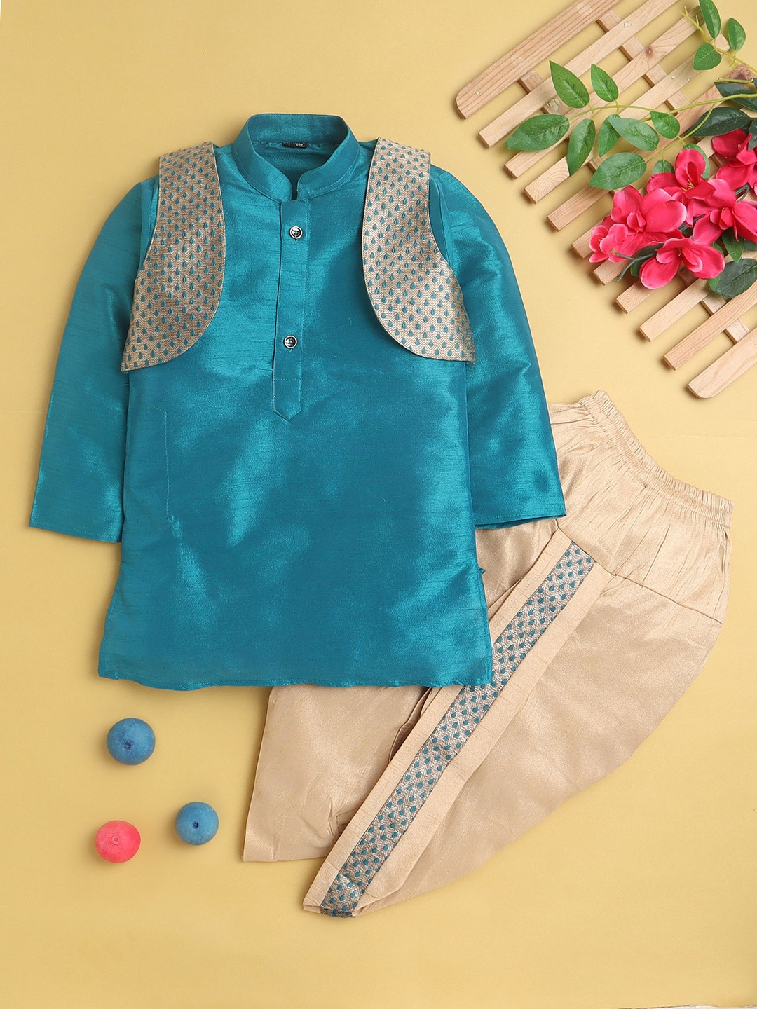 

BAESD Boys Mandarin Collar Regular Zari Straight Kurta With Dhoti Pants, Turquoise blue