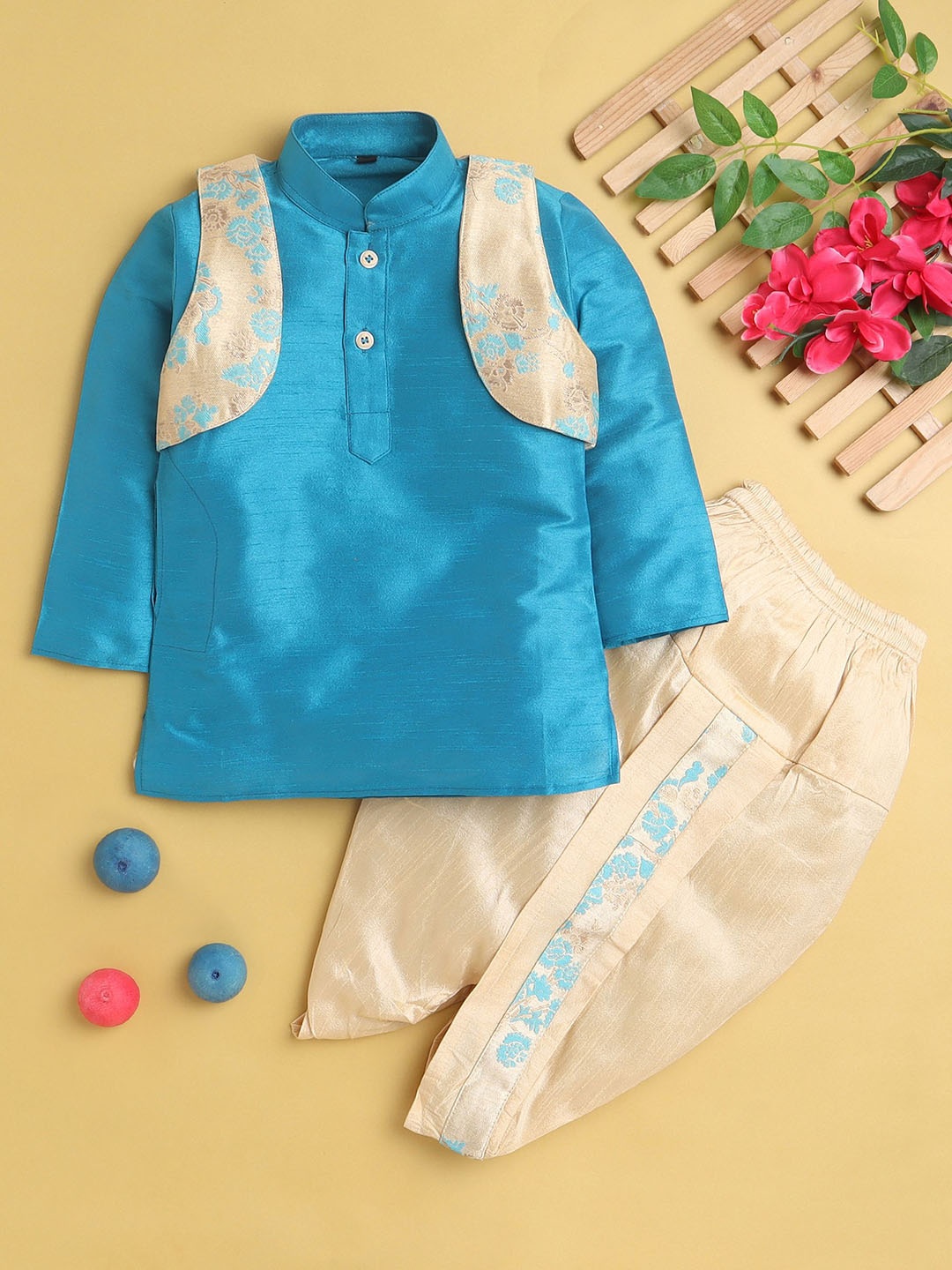 

BAESD Boys Mandarin Collar Straight Kurta With Dhoti Pants & Jacket, Blue