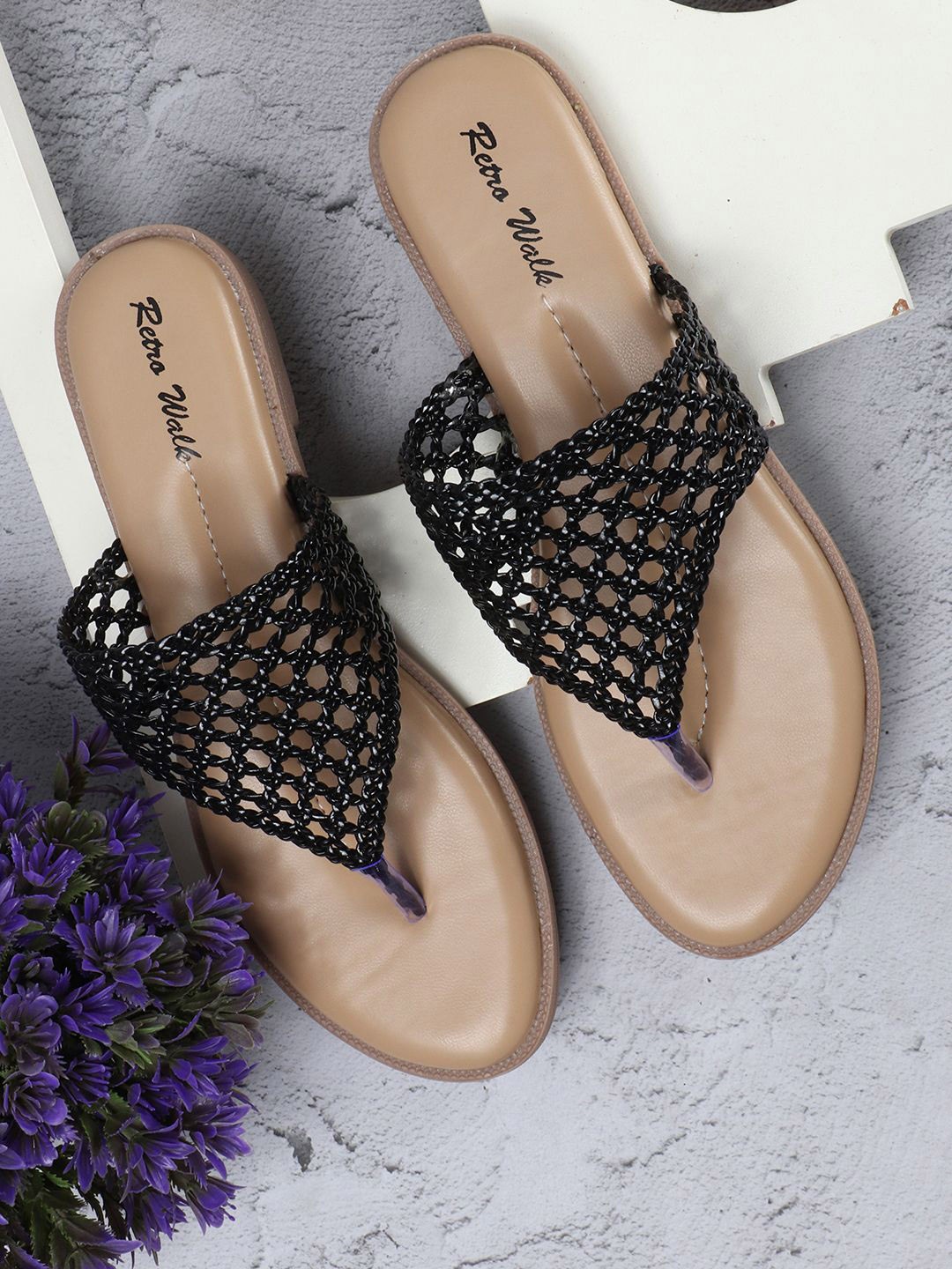 

Retro Walk Textured Open Toe Flats, Black