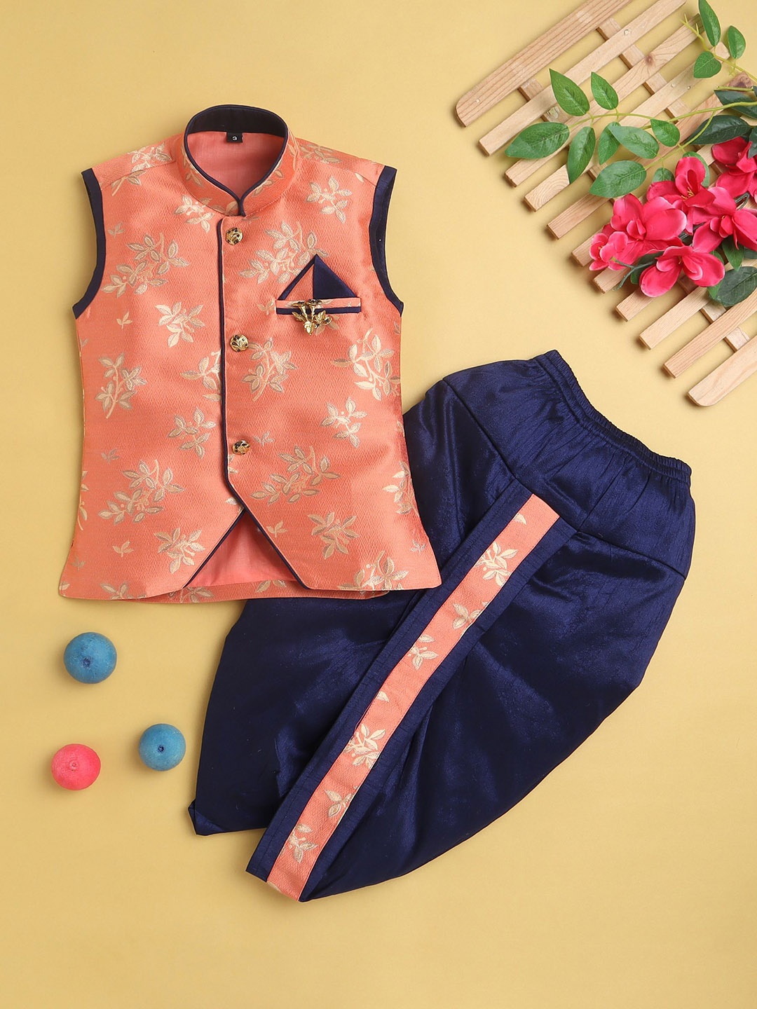 

BAESD Boys Floral Woven Design Mandarin Collar Regular Straight Kurta With Dhoti Pants, Peach