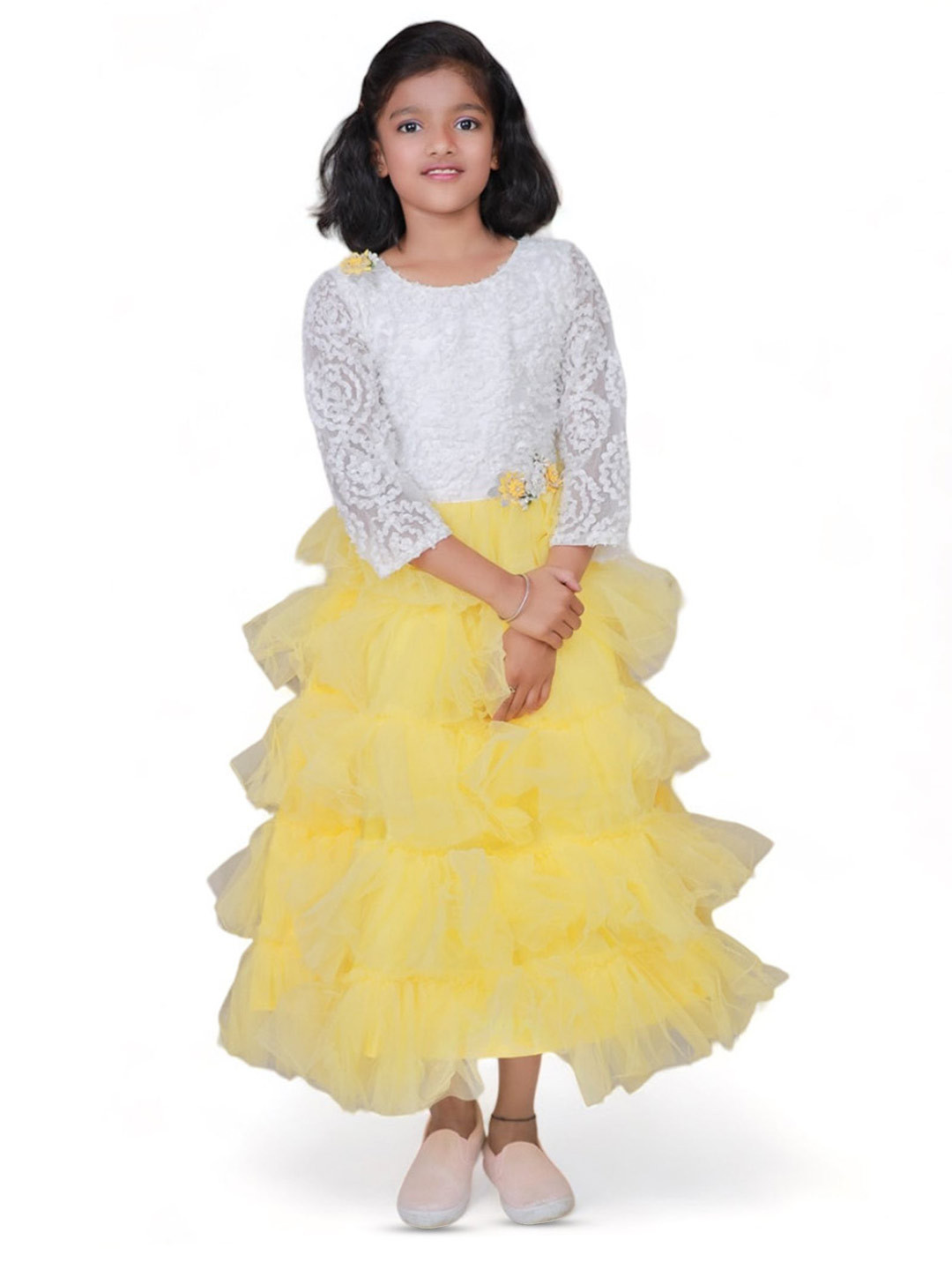 

BAESD Girls Self Design Layered Lace Maxi Dress, Yellow