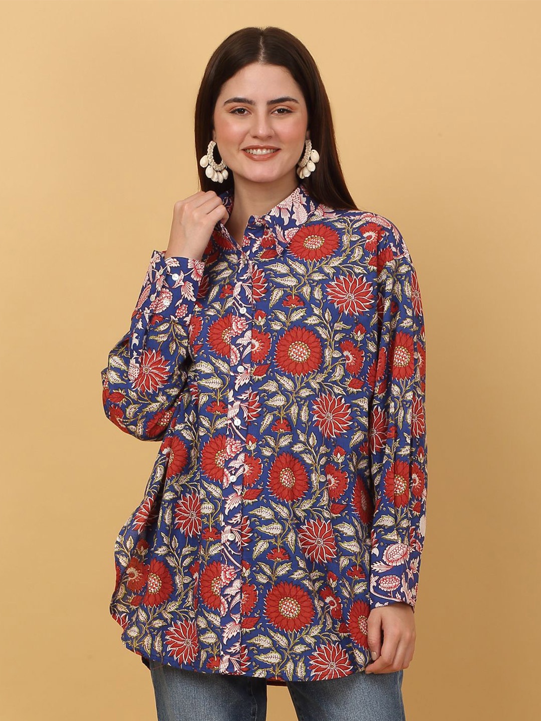 

SiaVira Floral Printed Cotton Shirt Style Top, Blue