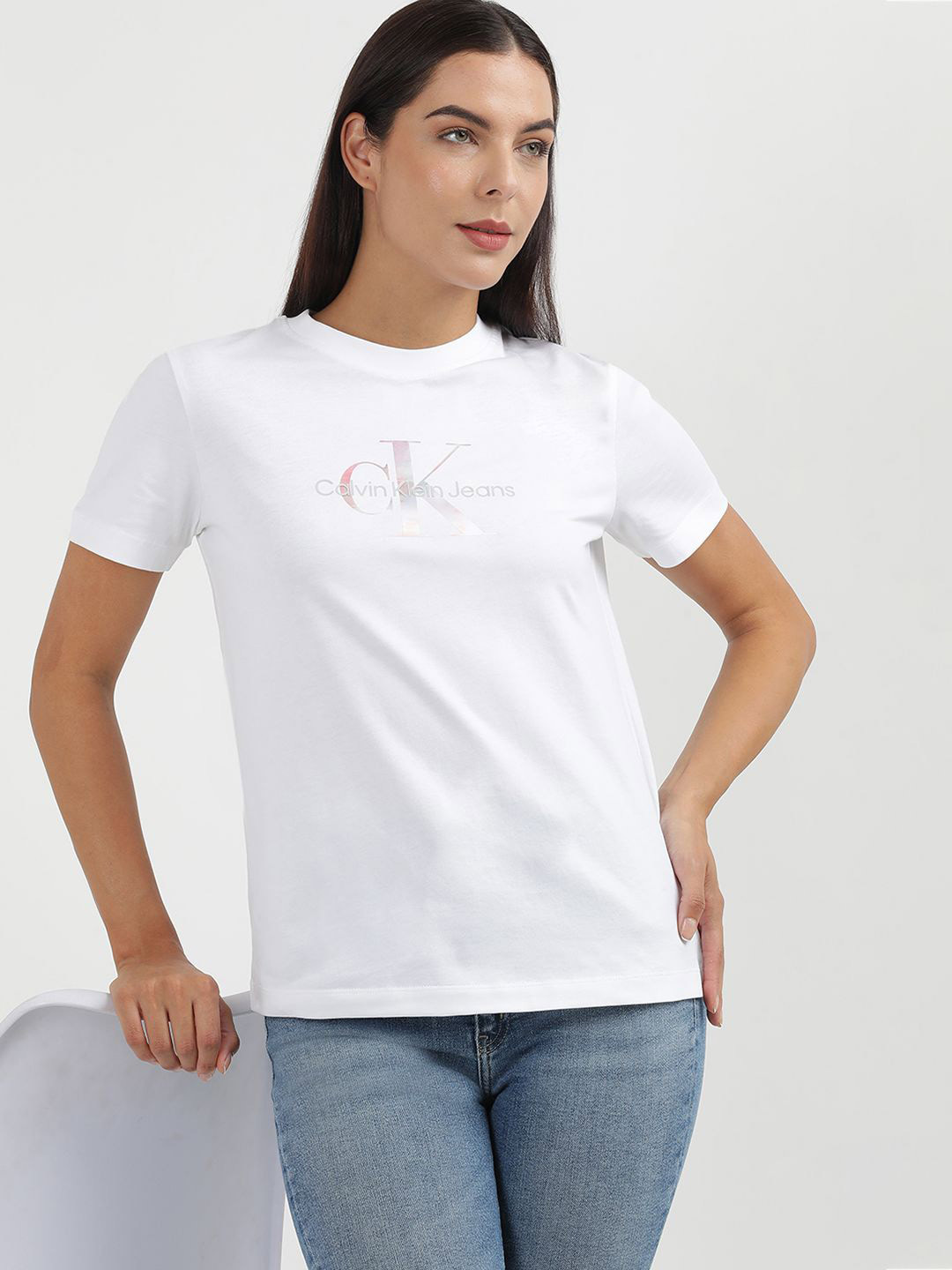 

Calvin Klein Jeans Women Typography Printed Round Neck T-shirt, White