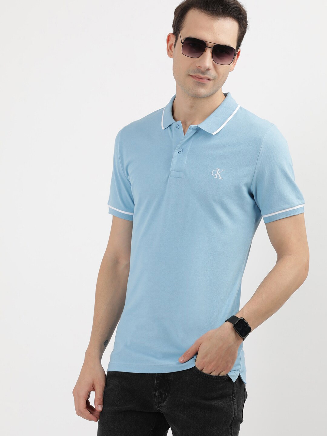 

Calvin Klein Men Solid Polo Collar Embroidered T-shirt, Blue