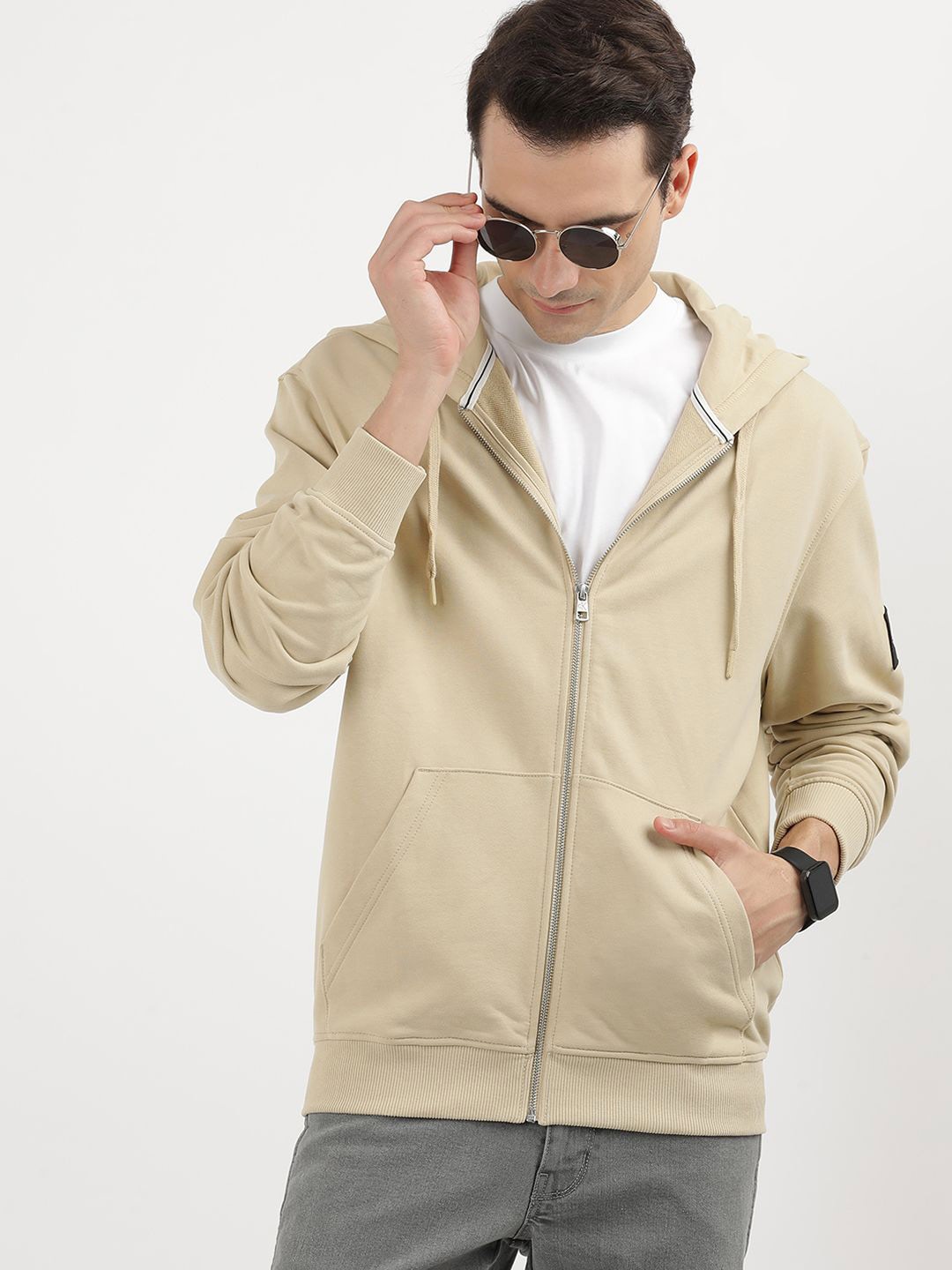 

Calvin Klein Jeans Hooded Neck Long Sleeves Cotton Front Open Sweatshirt, Beige