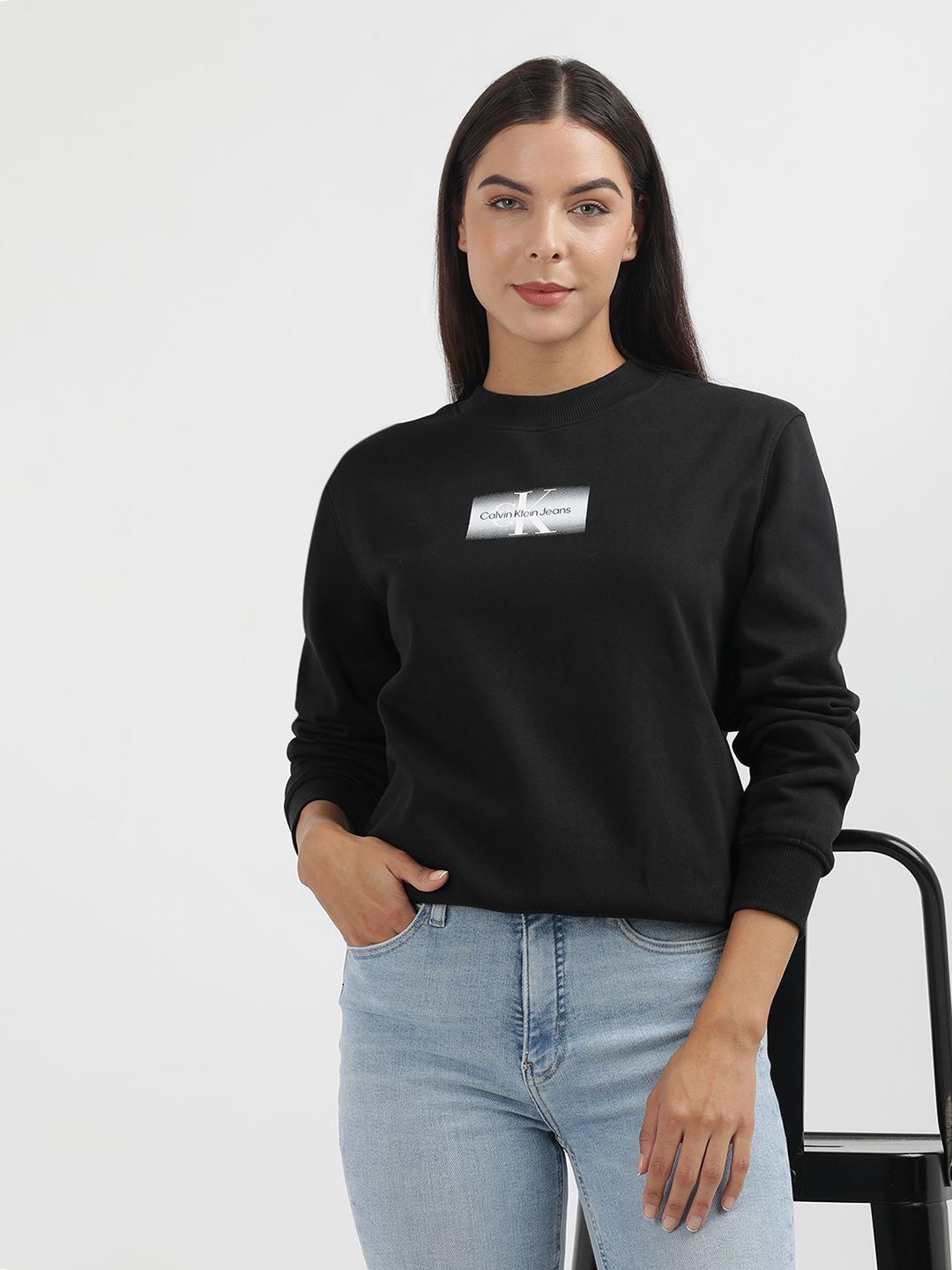 

Calvin Klein High Neck Long Sleeves Brand Logo Printed Cotton Pullover Sweatshirt, Black