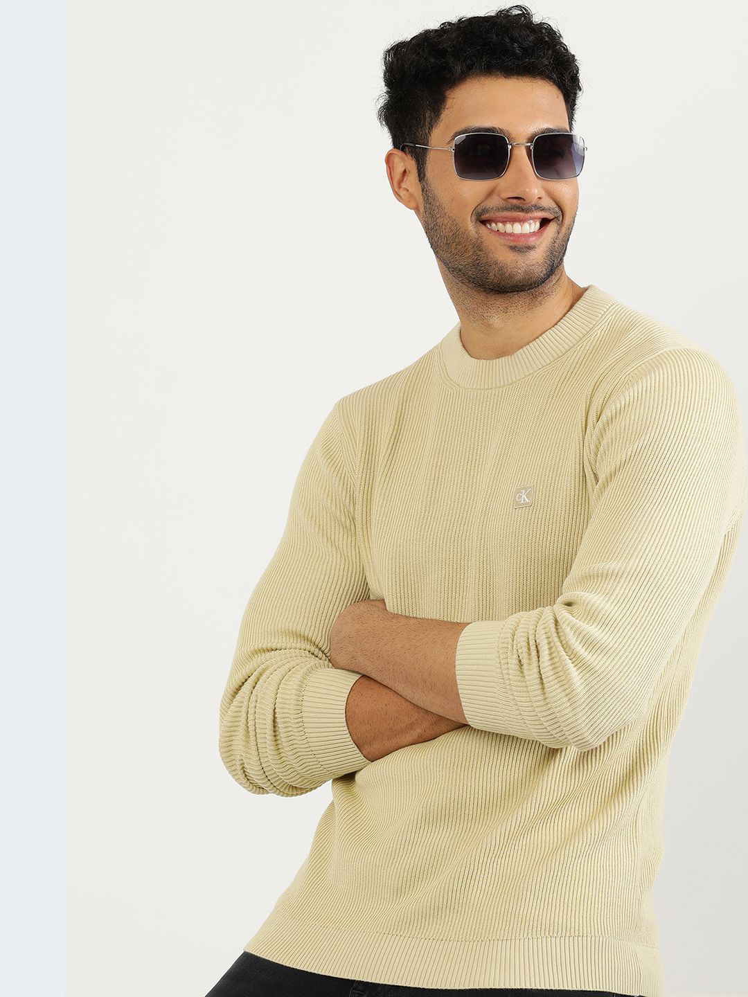 

Calvin Klein Round Neck Long Sleeves Cotton Pullover Sweater, Beige