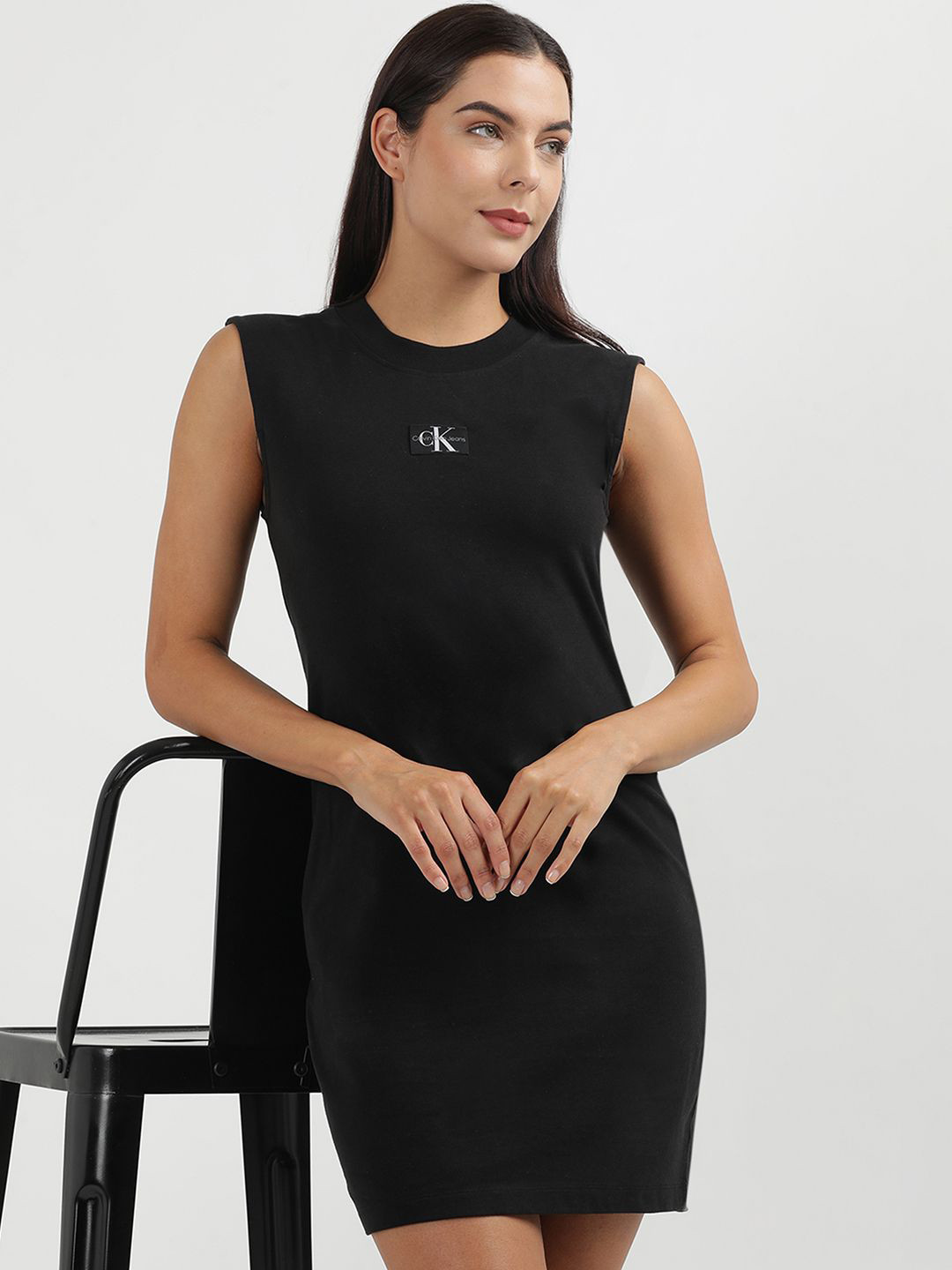 

Calvin Klein Jeans Round Neck Sleeveless Pure Cotton Sheath Mini Dress, Black