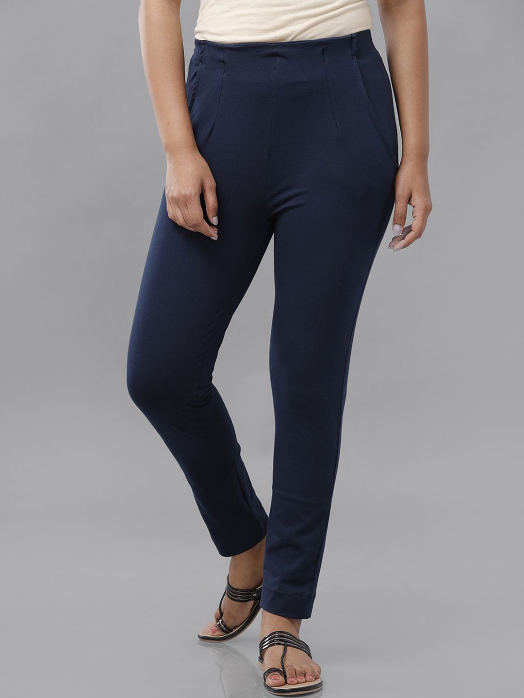 

De Moza Women Slim Fit Mid-Rise Cotton Trousers, Navy blue