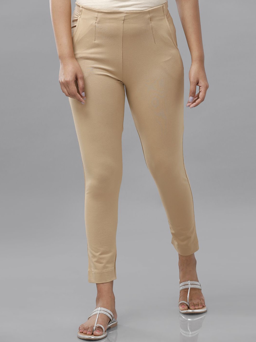 

De Moza Women Slim Fit Mid-Rise Cotton Trousers, Nude