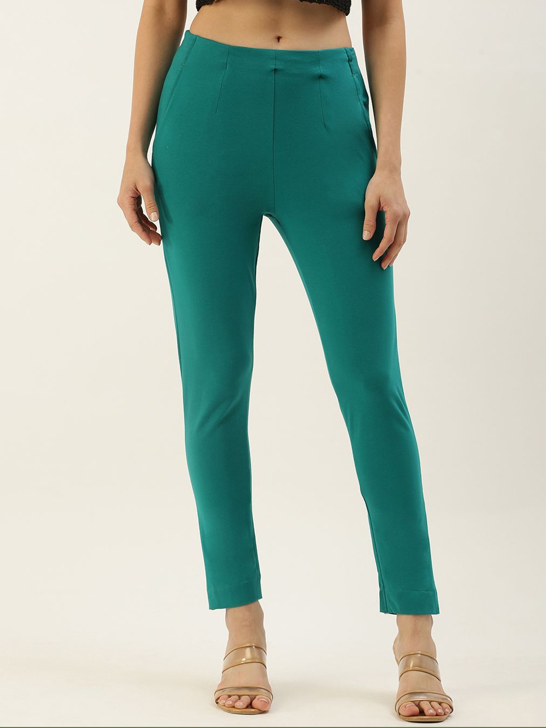 

De Moza Women Slim Fit Mid-Rise Cropped Cotton Cigarette Trousers, Sea green