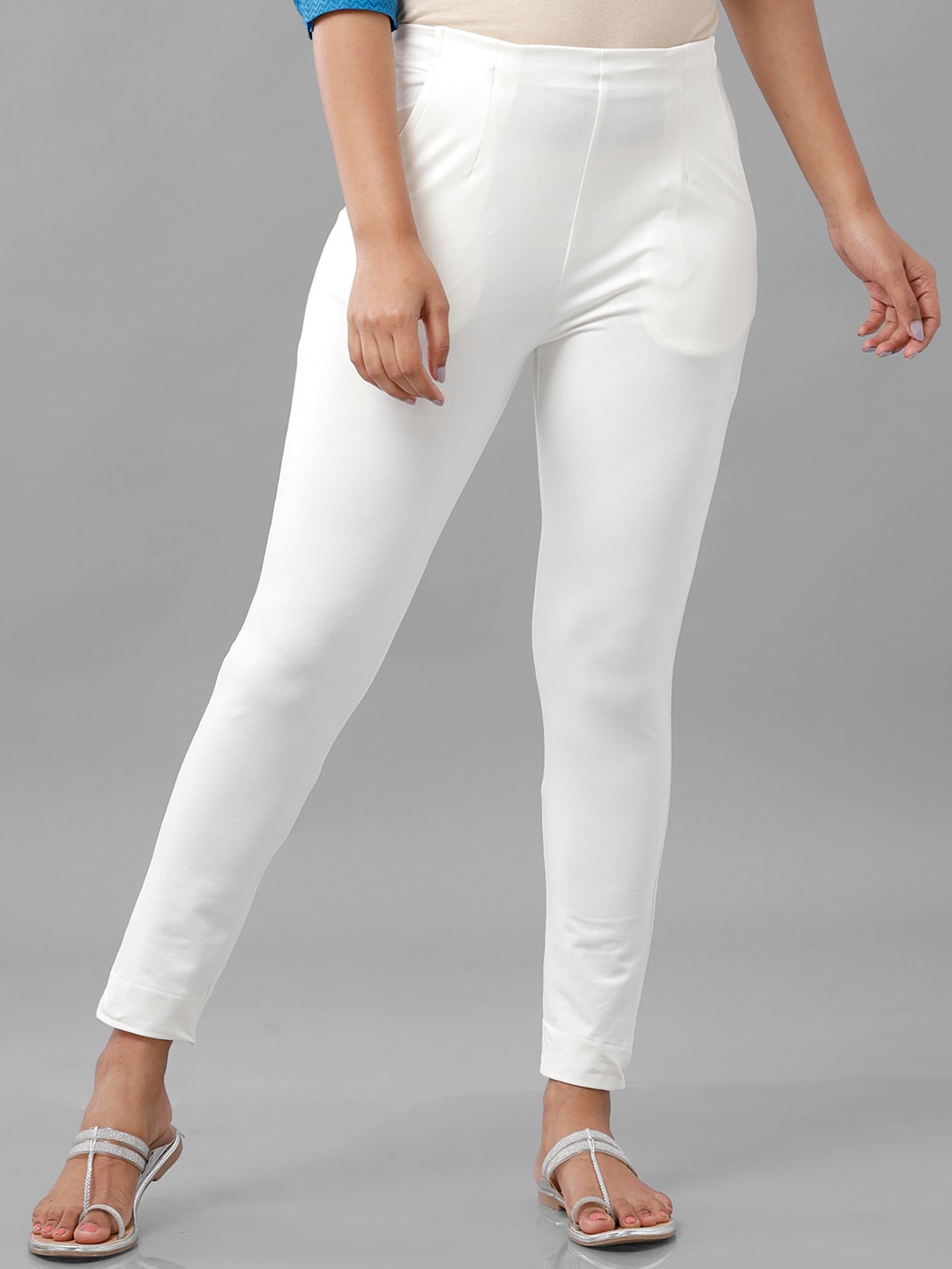 

De Moza Women Mid-Rise Slim Fit Cotton Cigarette Trousers, Off white