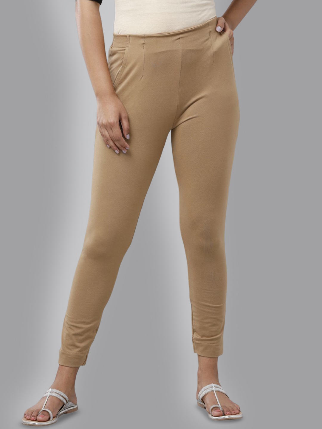 

De Moza Women Slim Fit Mid-Rise Cotton Trousers, Beige